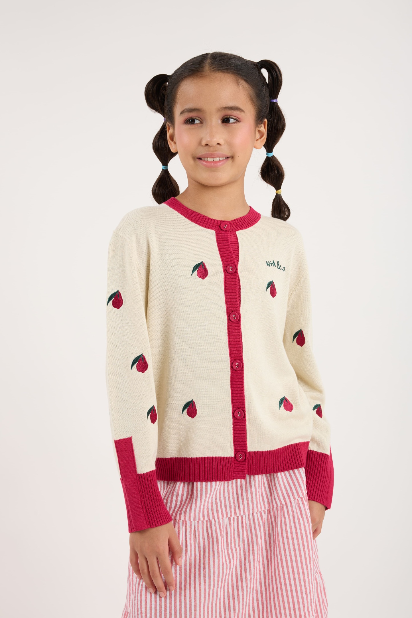 Cream White-Maroon Mini Crew Neck Knitted Cardigan - Girls