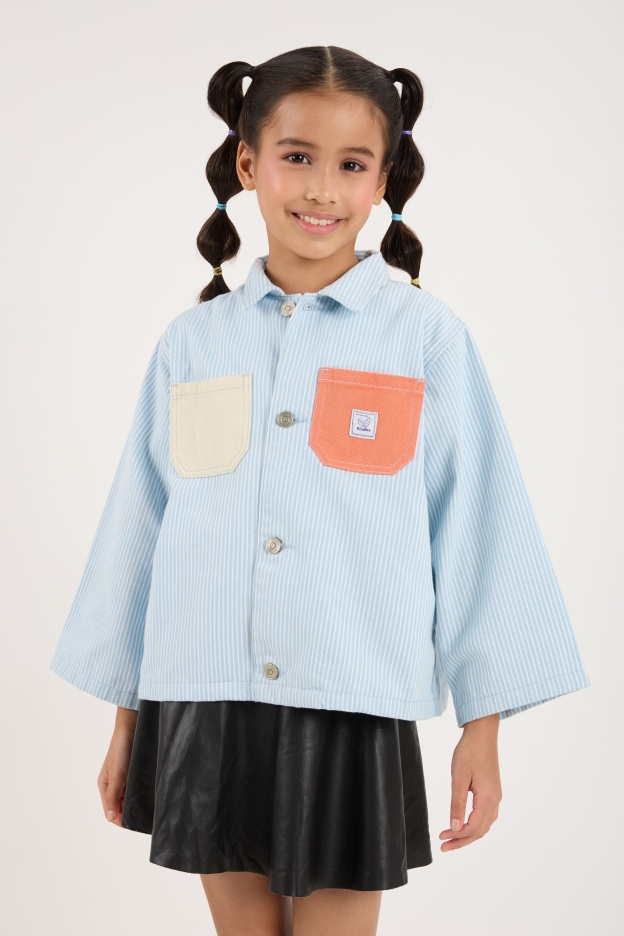 Light Blue Stripes Mini Oversized Denim Shirt - Kids