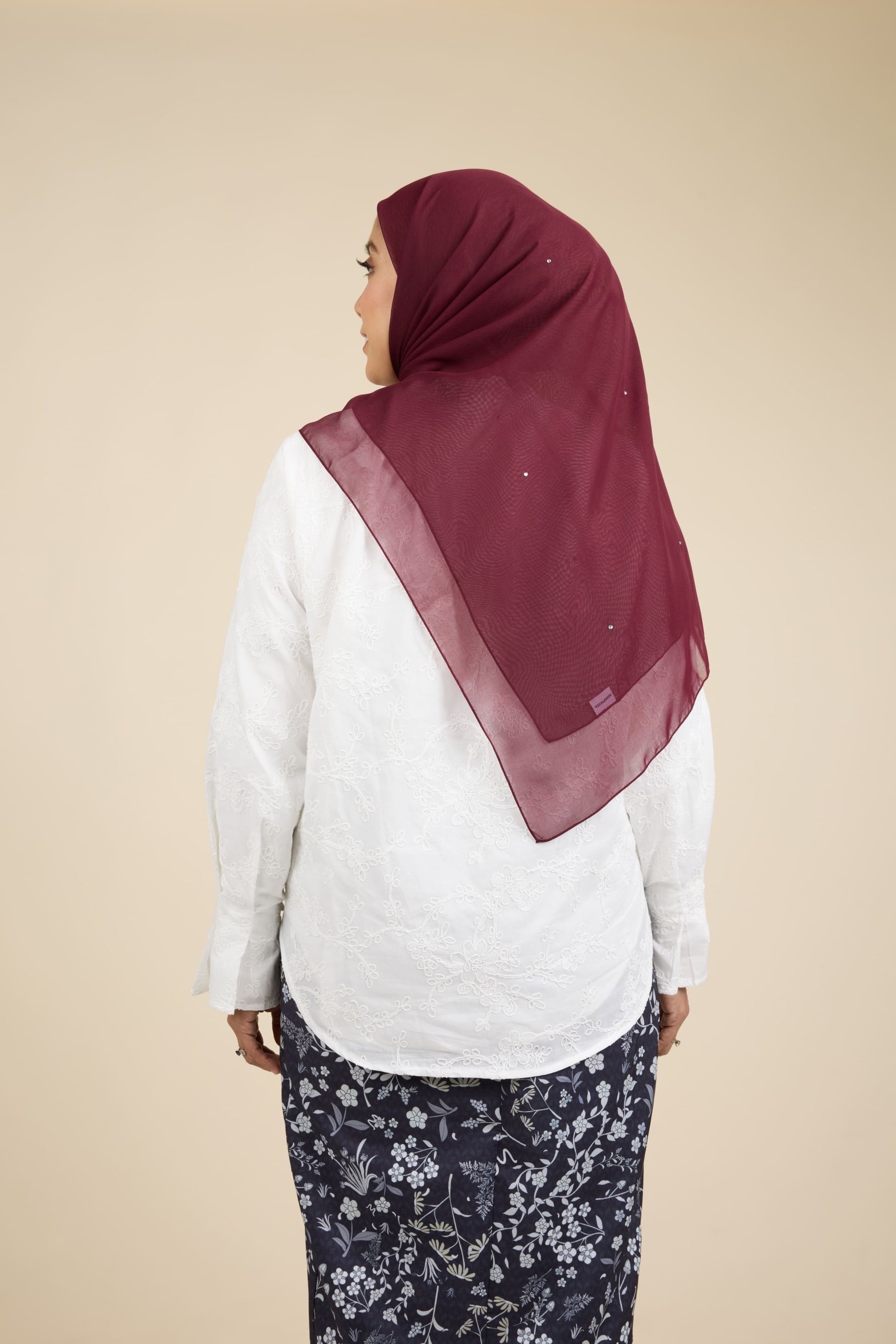 Almas Burgundy Rhinestone Square Voile Scarf