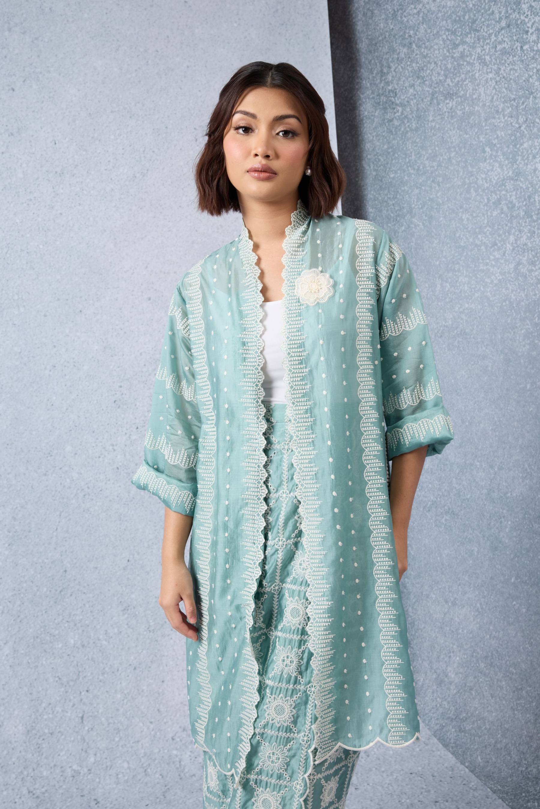 Sinar Teal Green Embroidered Kebaya Set
