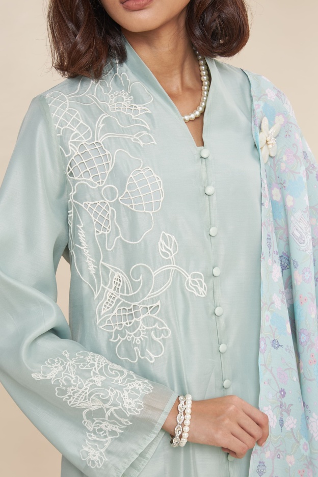 Maya Mint Green Embroidered Kurung Set