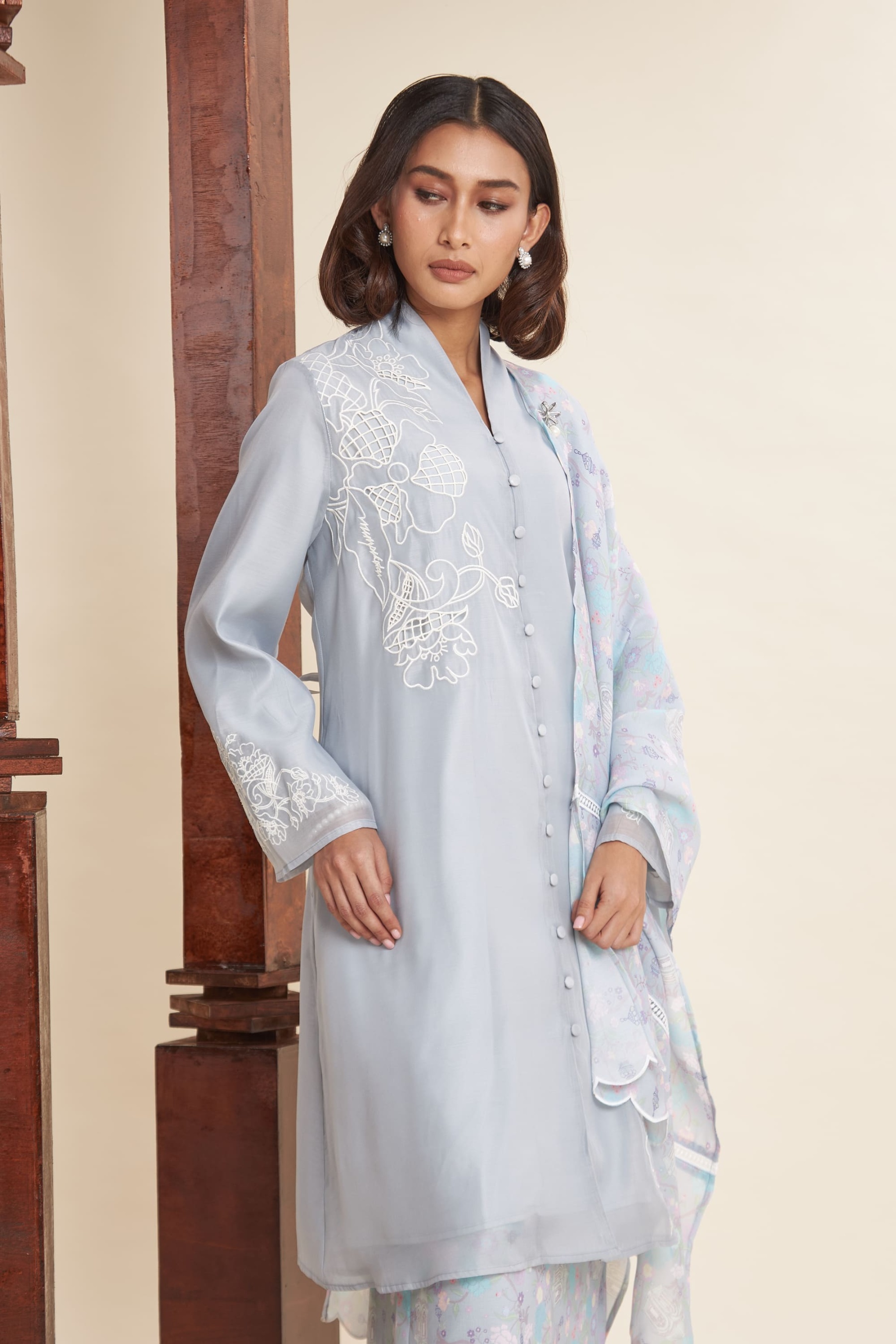 Maya Powder Blue Embroidered Kurung Set