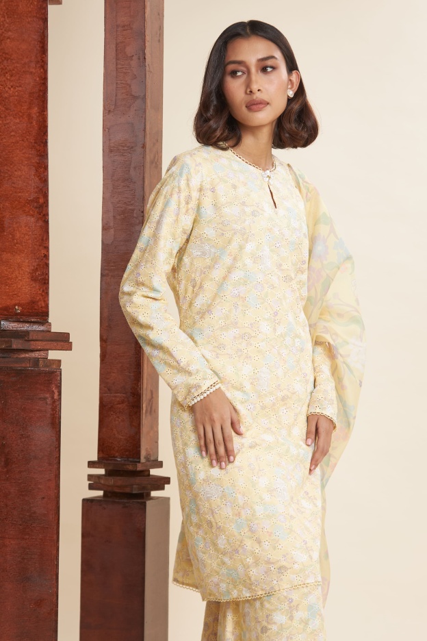 Katrina Butter Yellow Textured Modern Kurung Set