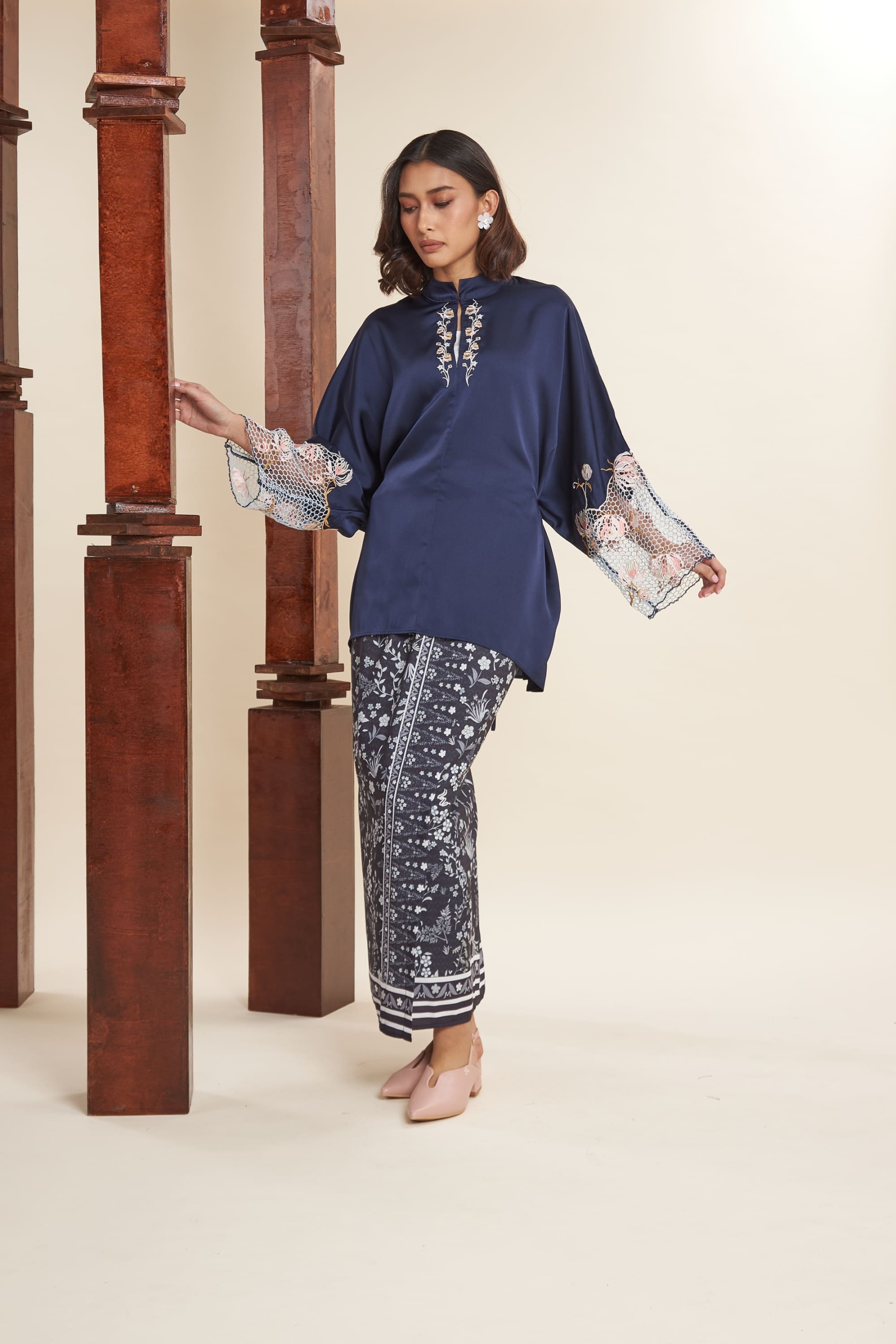 Rani Navy Blue Embroidered Batwing Top