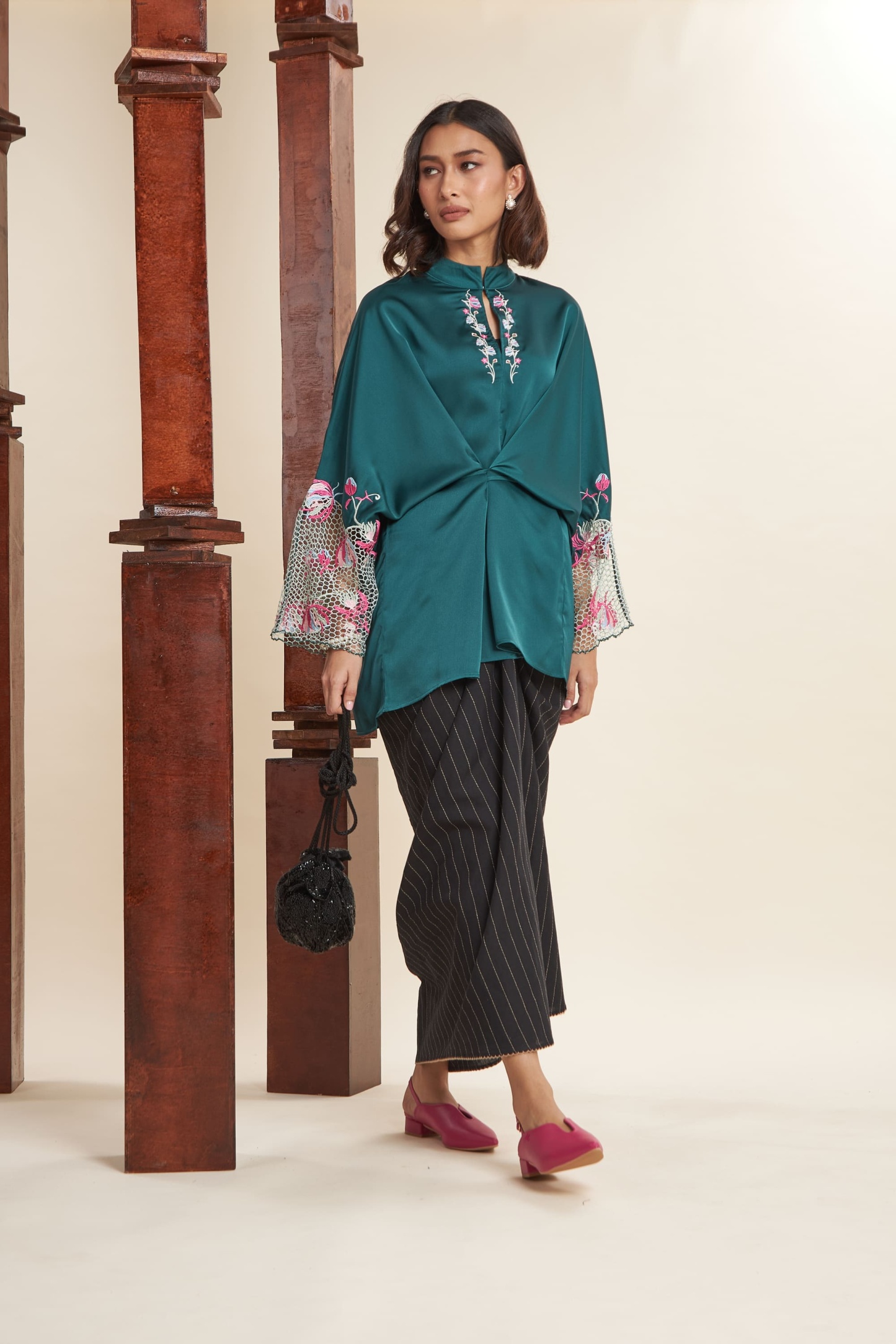 Rani Emerald Green Embroidered Batwing Top