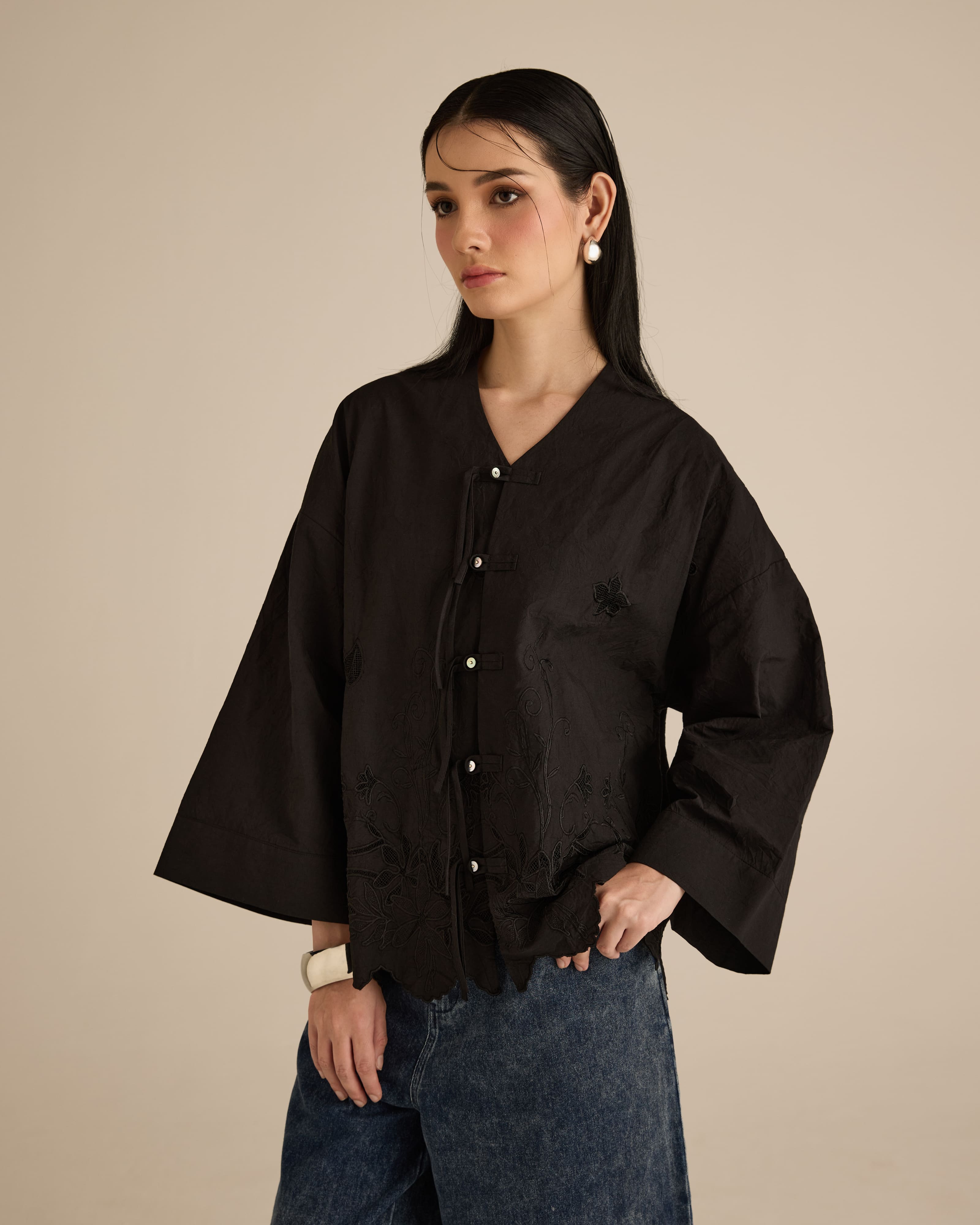 Najwa Black Embroidered Boxy Top