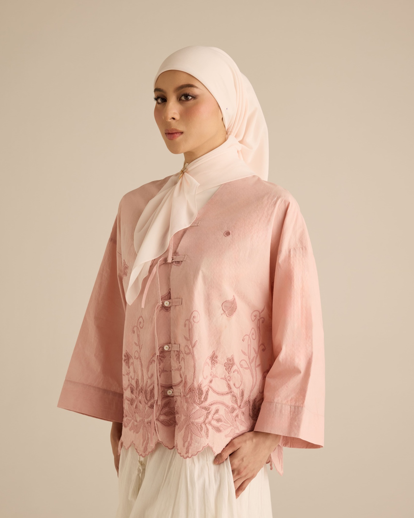 Najwa Soft Pink Embroidered Boxy Top
