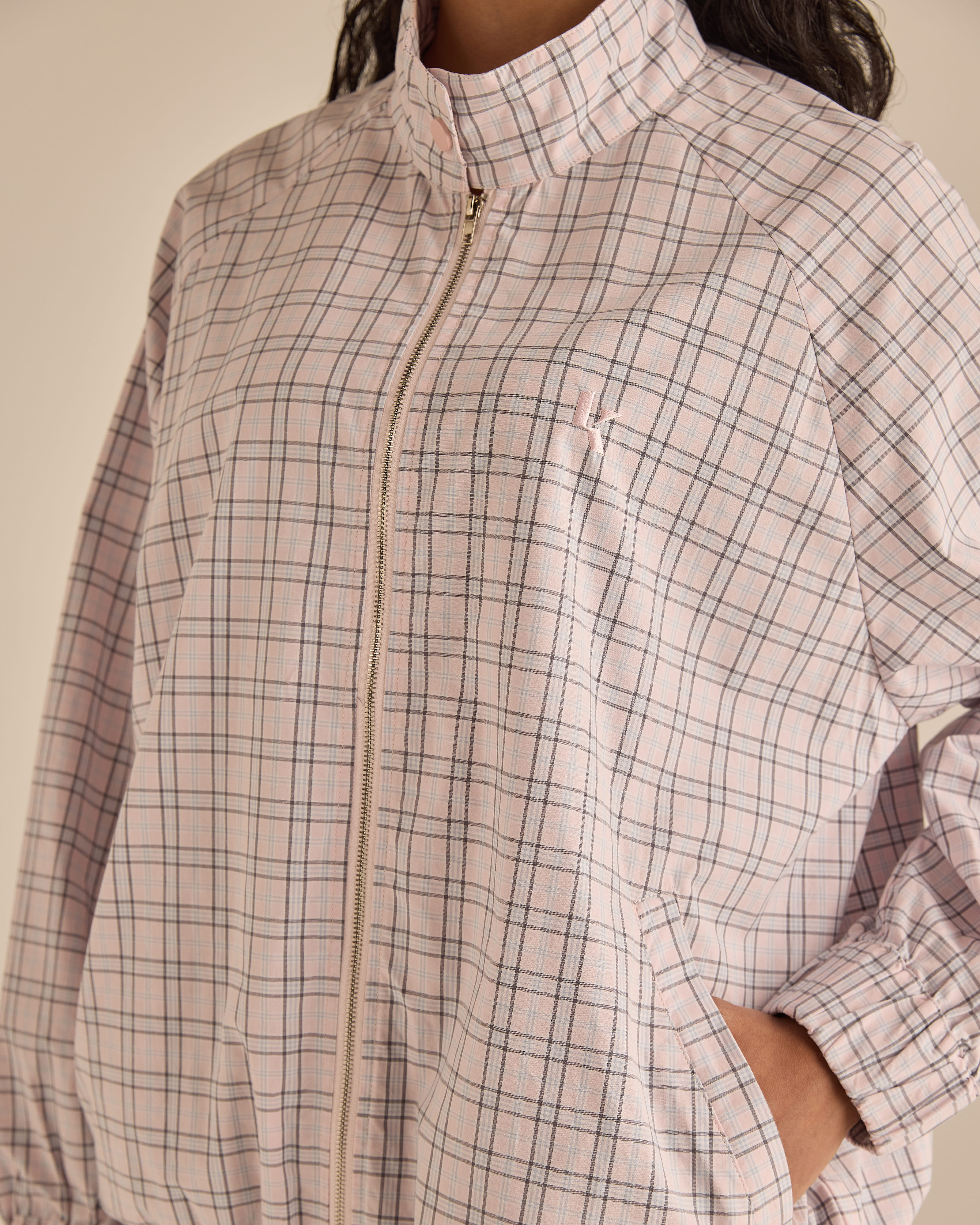 Soft Pink Plaid High-Neck Jacket