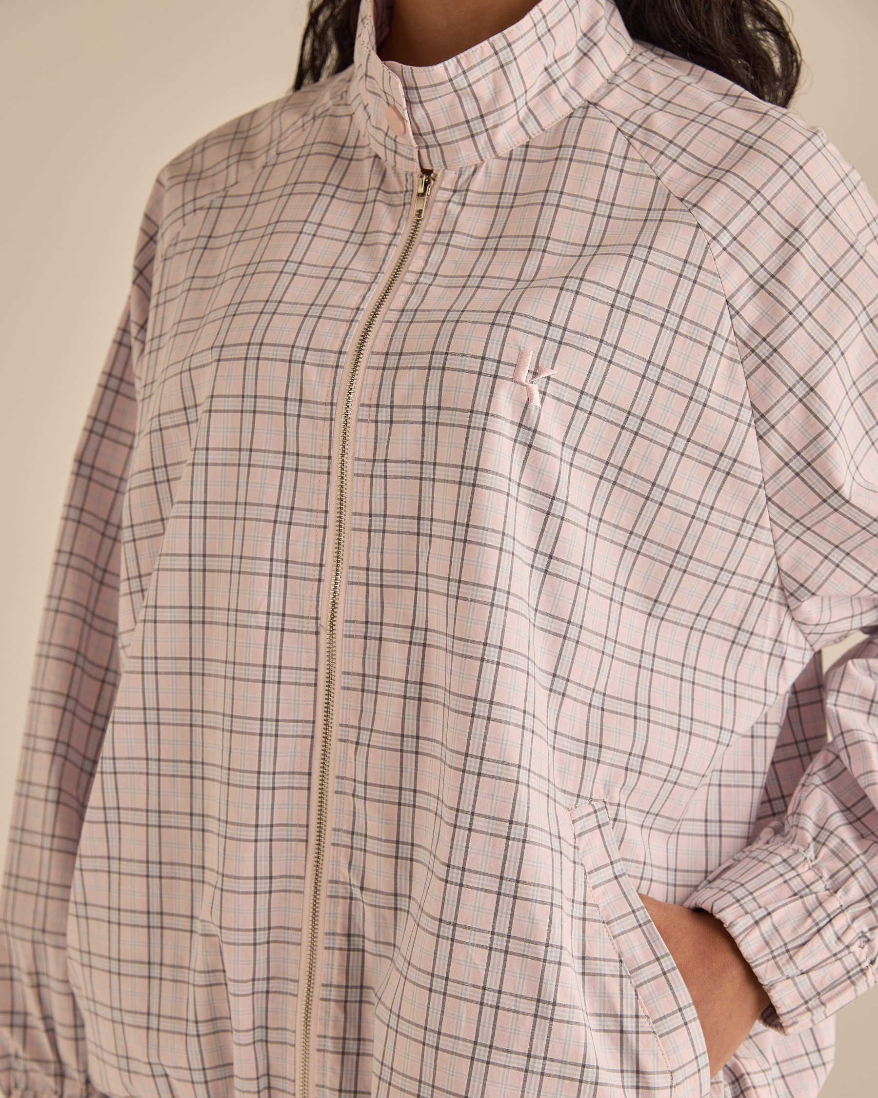Soft Pink Plaid High-Neck Jacket