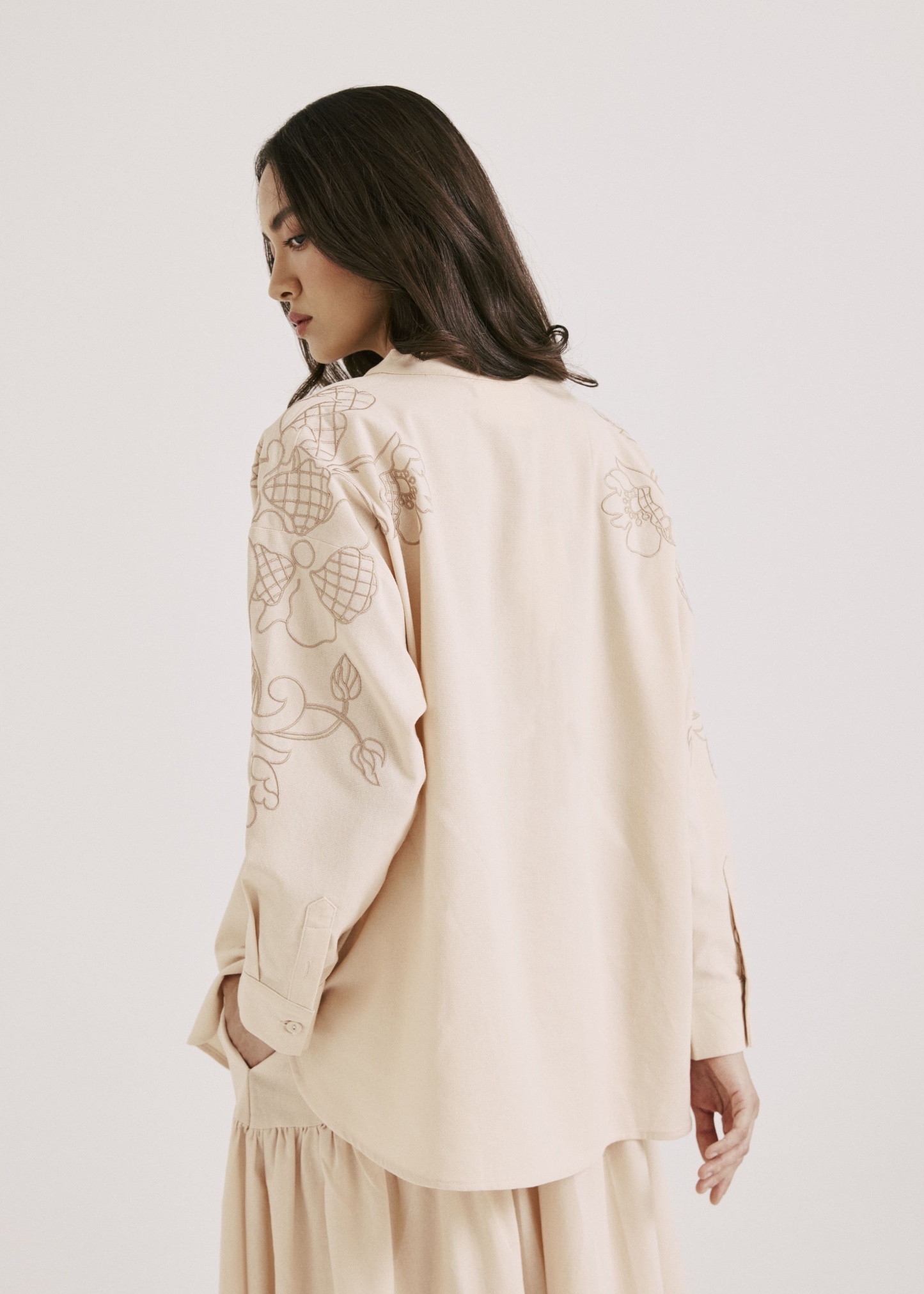 Meira Light Beige Embroidered Linen Top