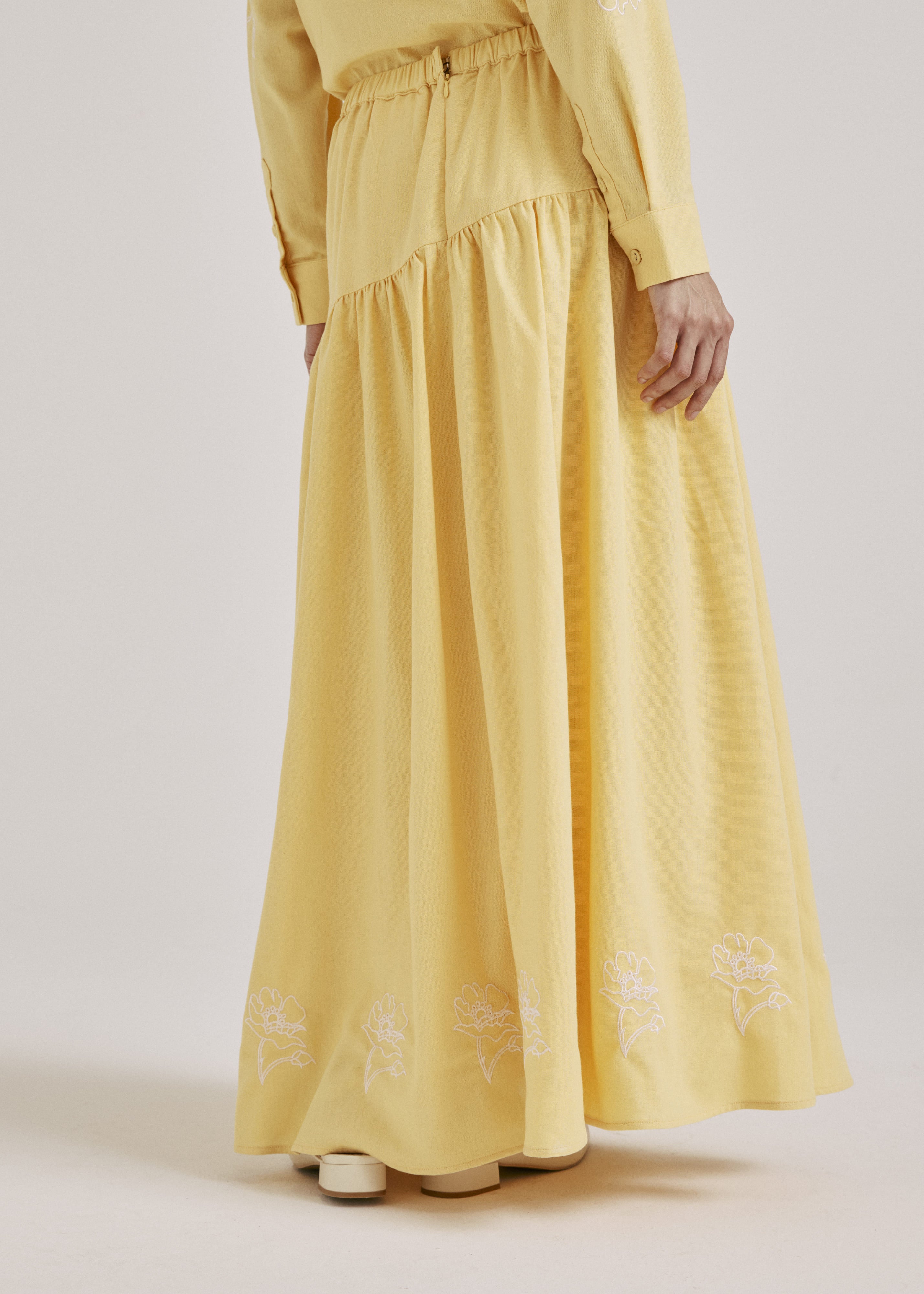 Meira Lemon Yellow Embroidered Linen Skirt