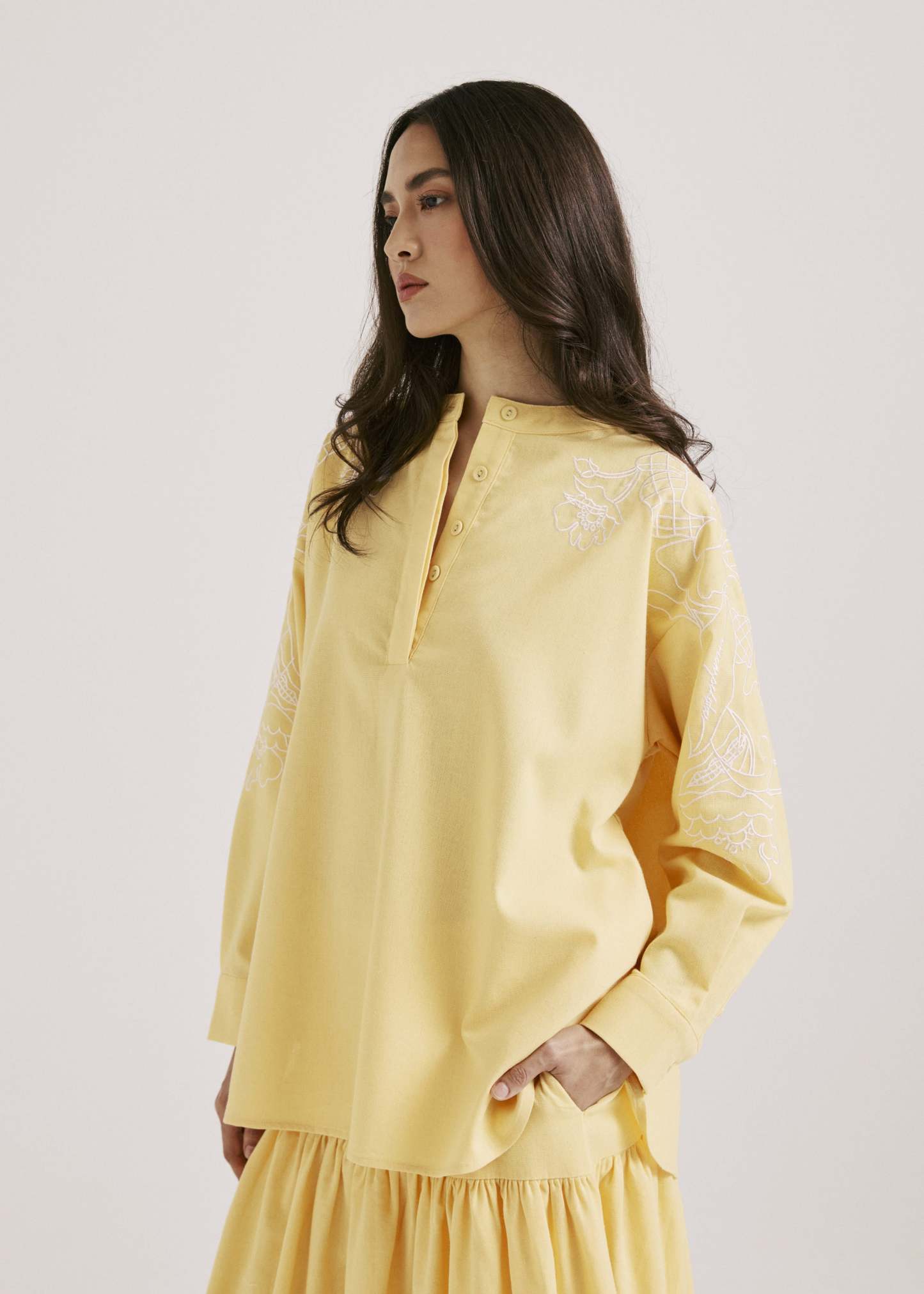 Meira Lemon Yellow Embroidered Linen Top