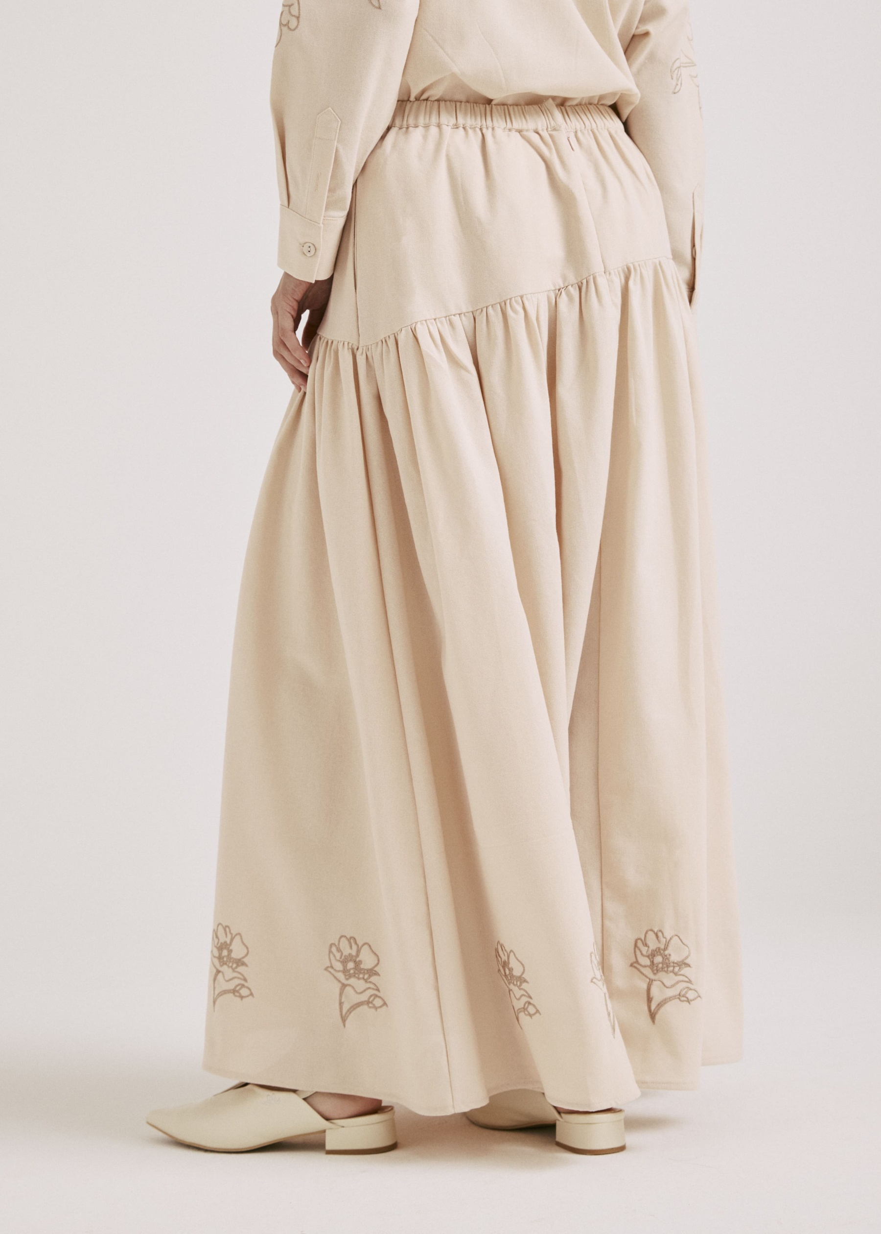 Meira Light Beige Embroidered Linen Skirt