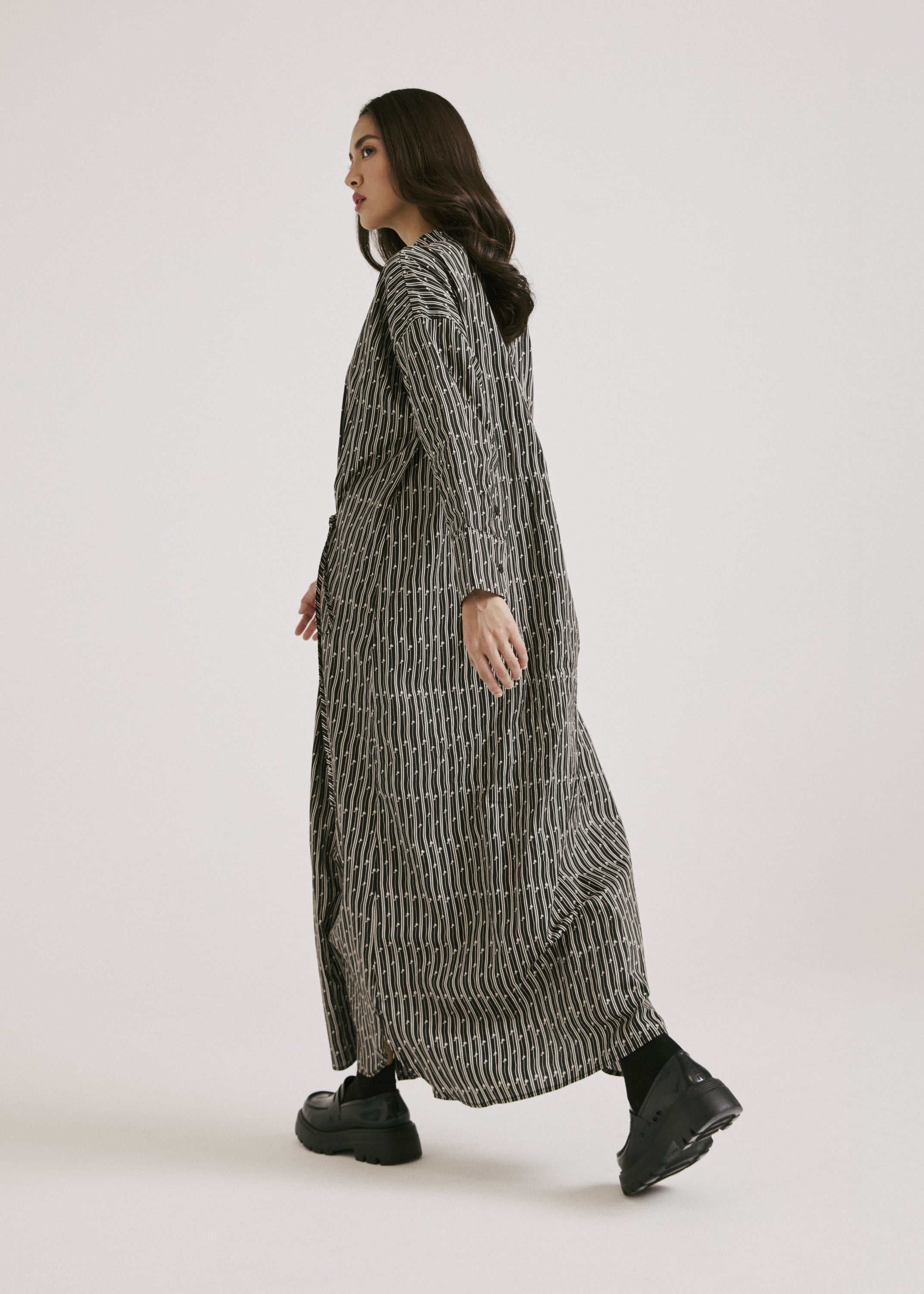 Ayva Black-Off White Printed Long Dress