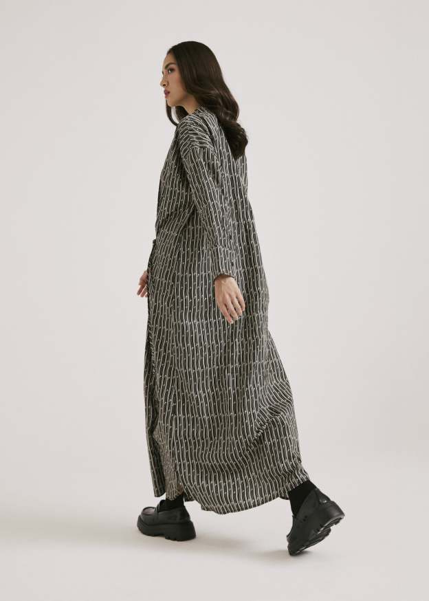 Ayva Black-Off White Printed Long Dress