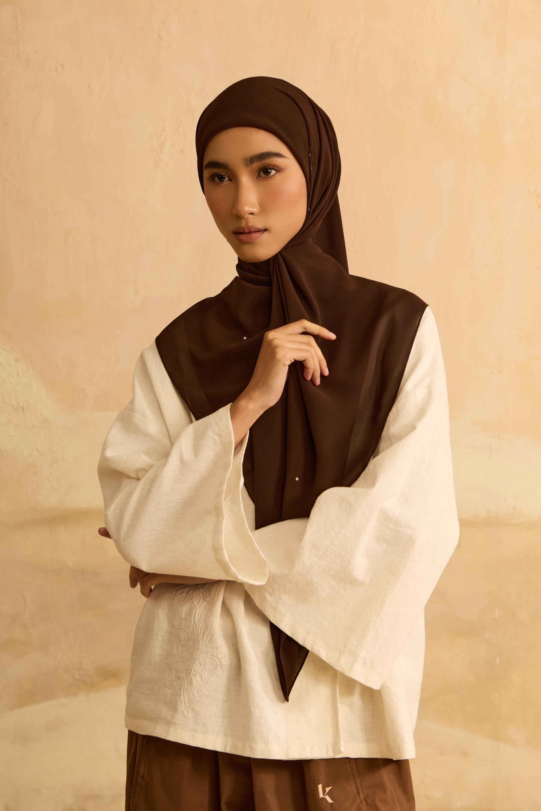 Mimpikita X Elfira Loy Alena Dark Brown Rhinestone Square Chiffon Scarf