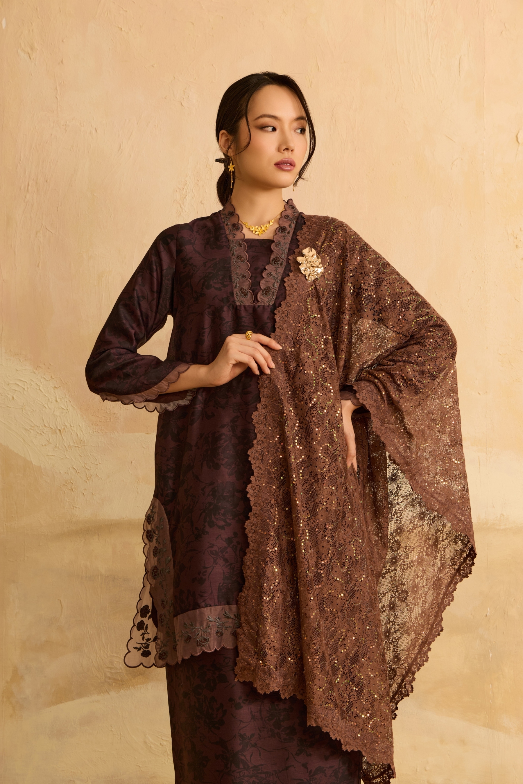 Mentari Rich Brown Printed Kurung Set