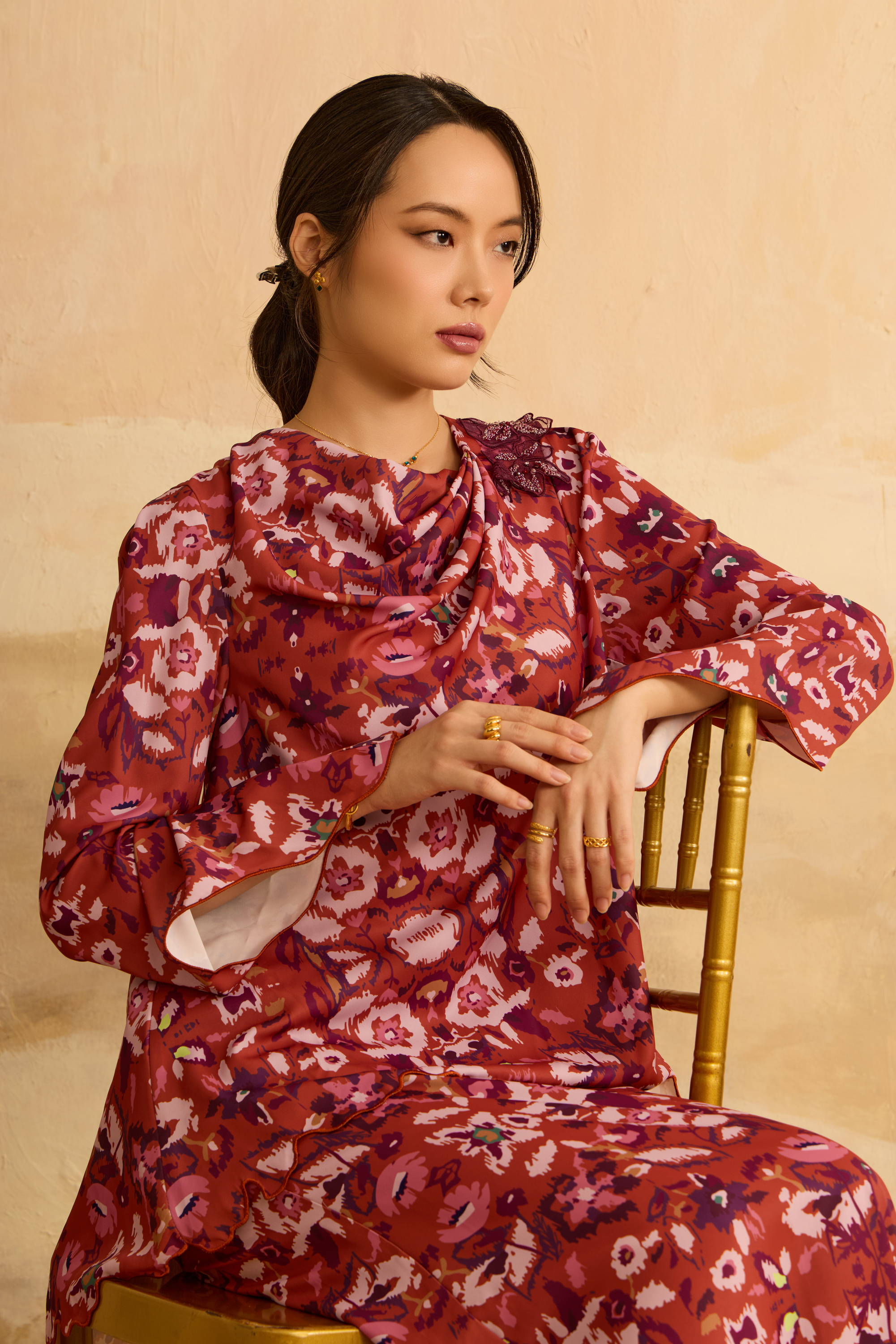 Raisa Brick Orange Abstract Draped Kurung