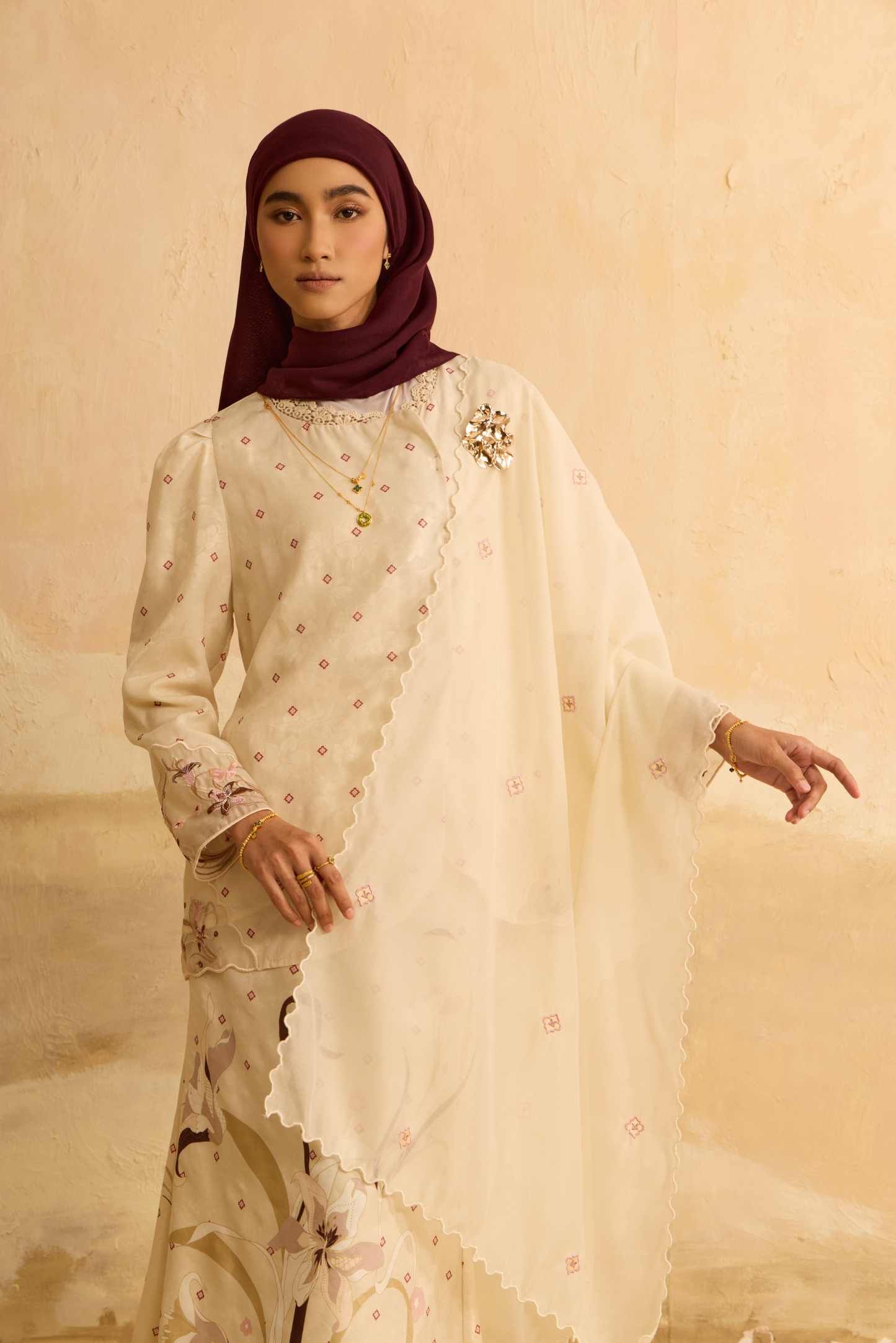 Laili Champagne Asymmetric Kurung Set