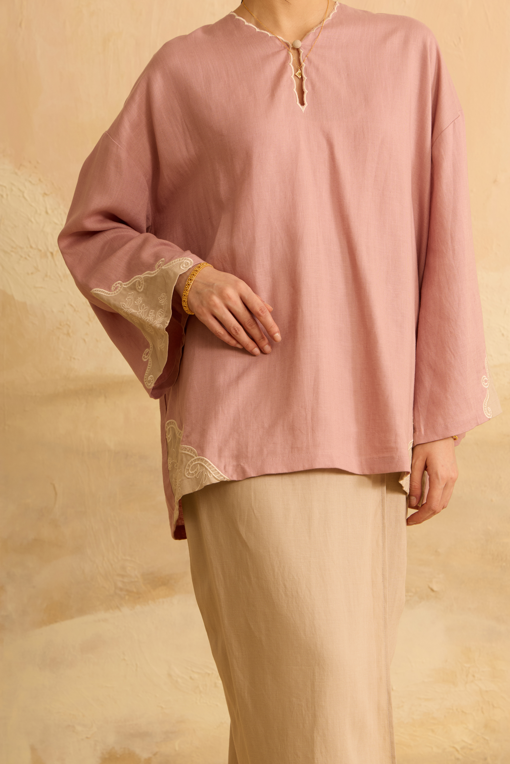 Naima Soft Pink Embroidered Kedah Modern Kurung