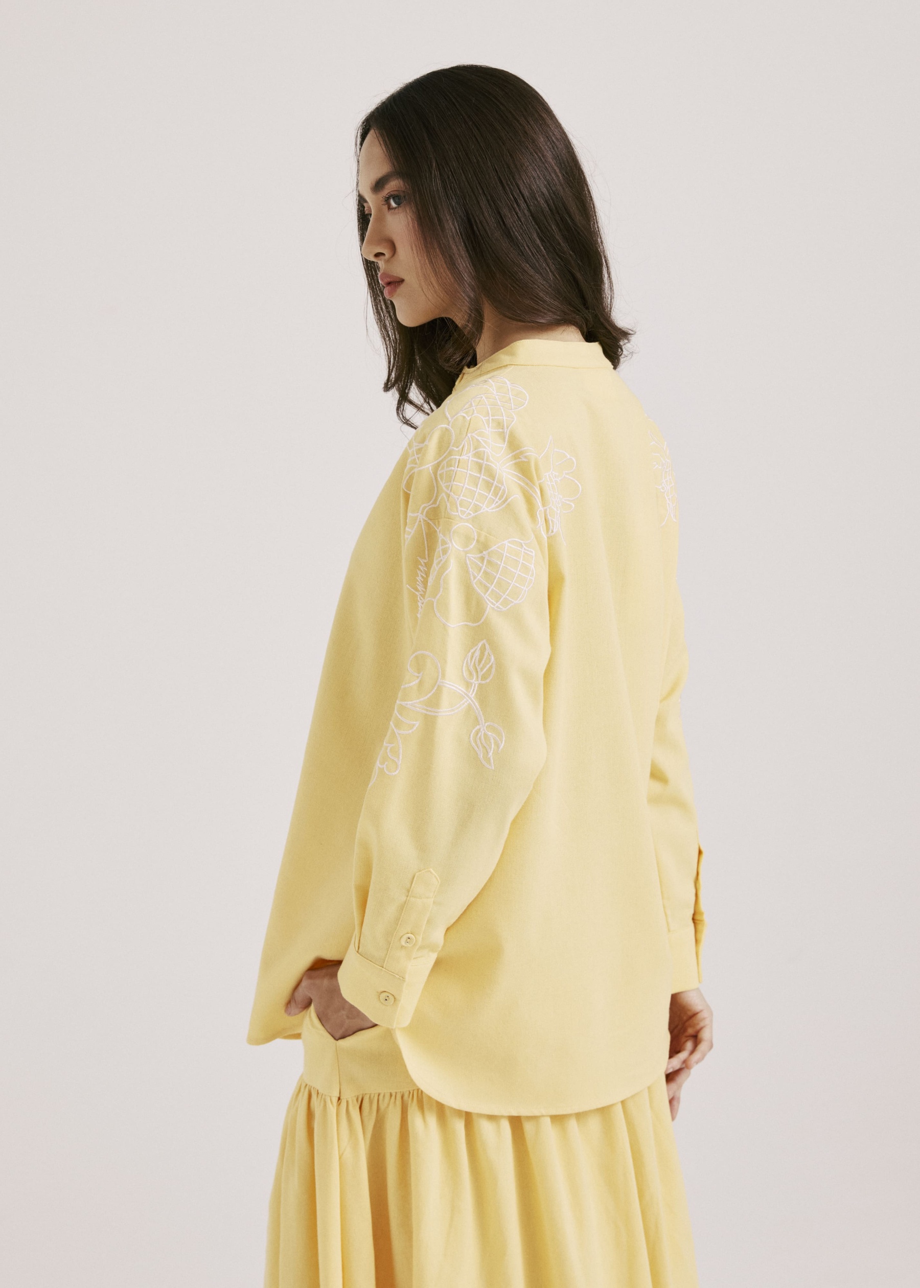 Meira Lemon Yellow Embroidered Linen Top