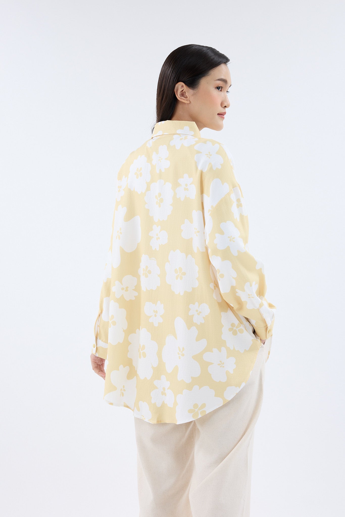 Fiora Butter Yellow Printed Oversized Shirt