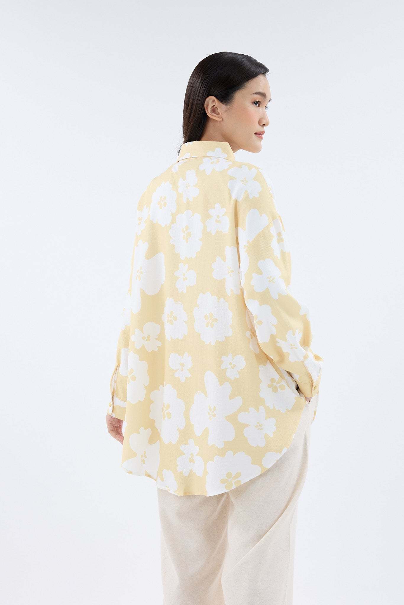 Fiora Butter Yellow Printed Oversized Shirt
