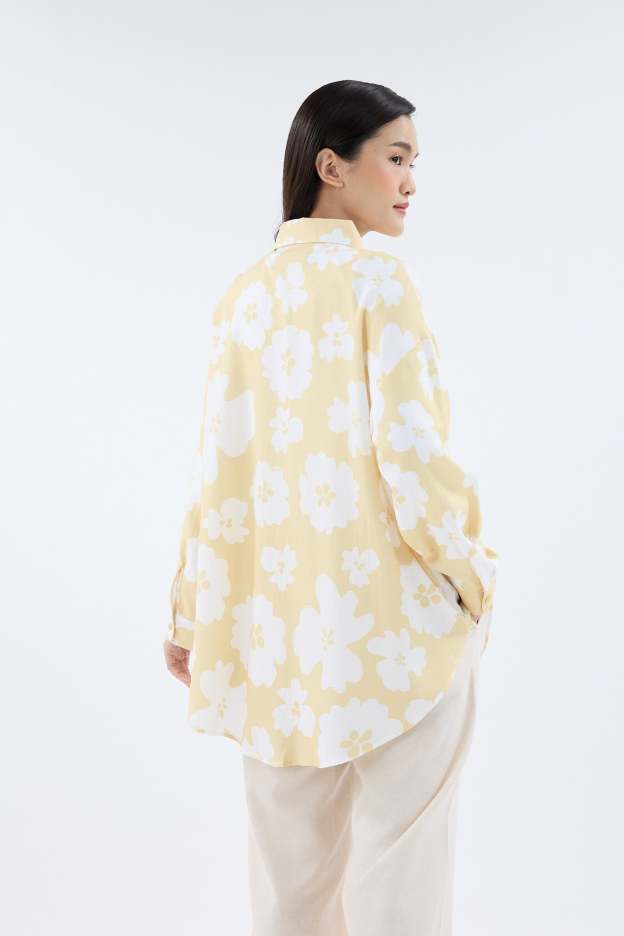 Fiora Butter Yellow Printed Oversized Shirt
