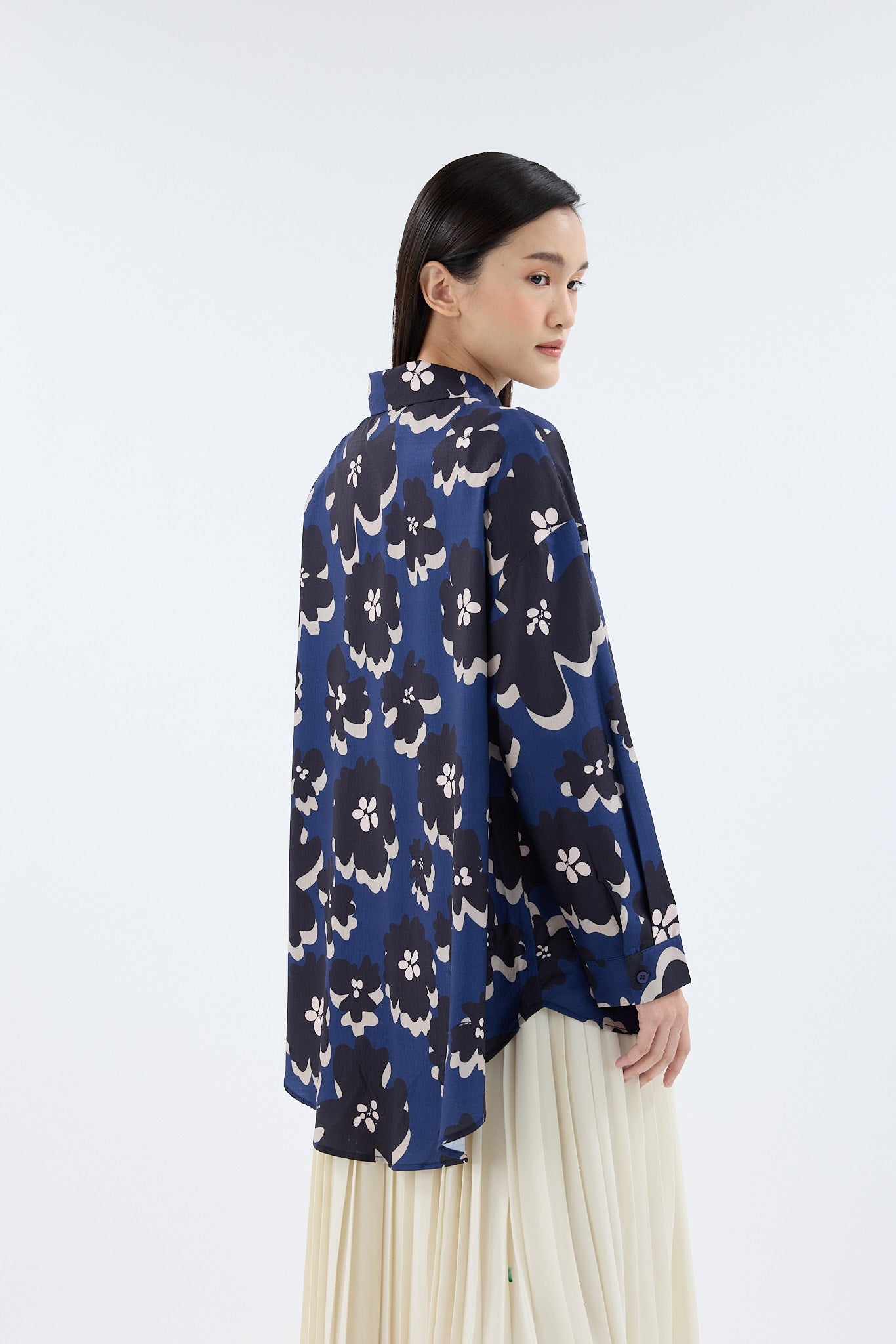 Fiora Navy Blue Printed Oversized Shirt