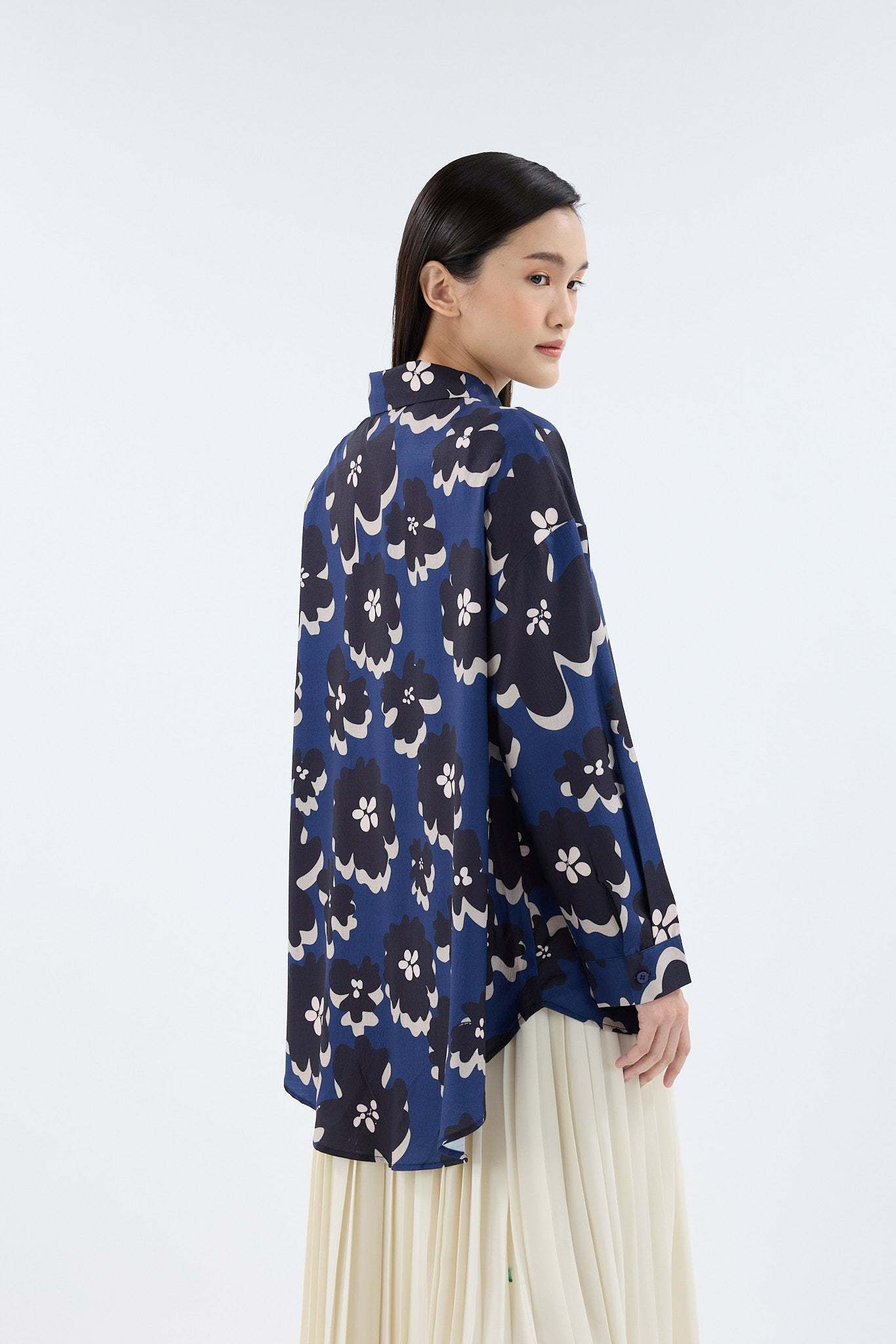 Fiora Navy Blue Printed Oversized Shirt