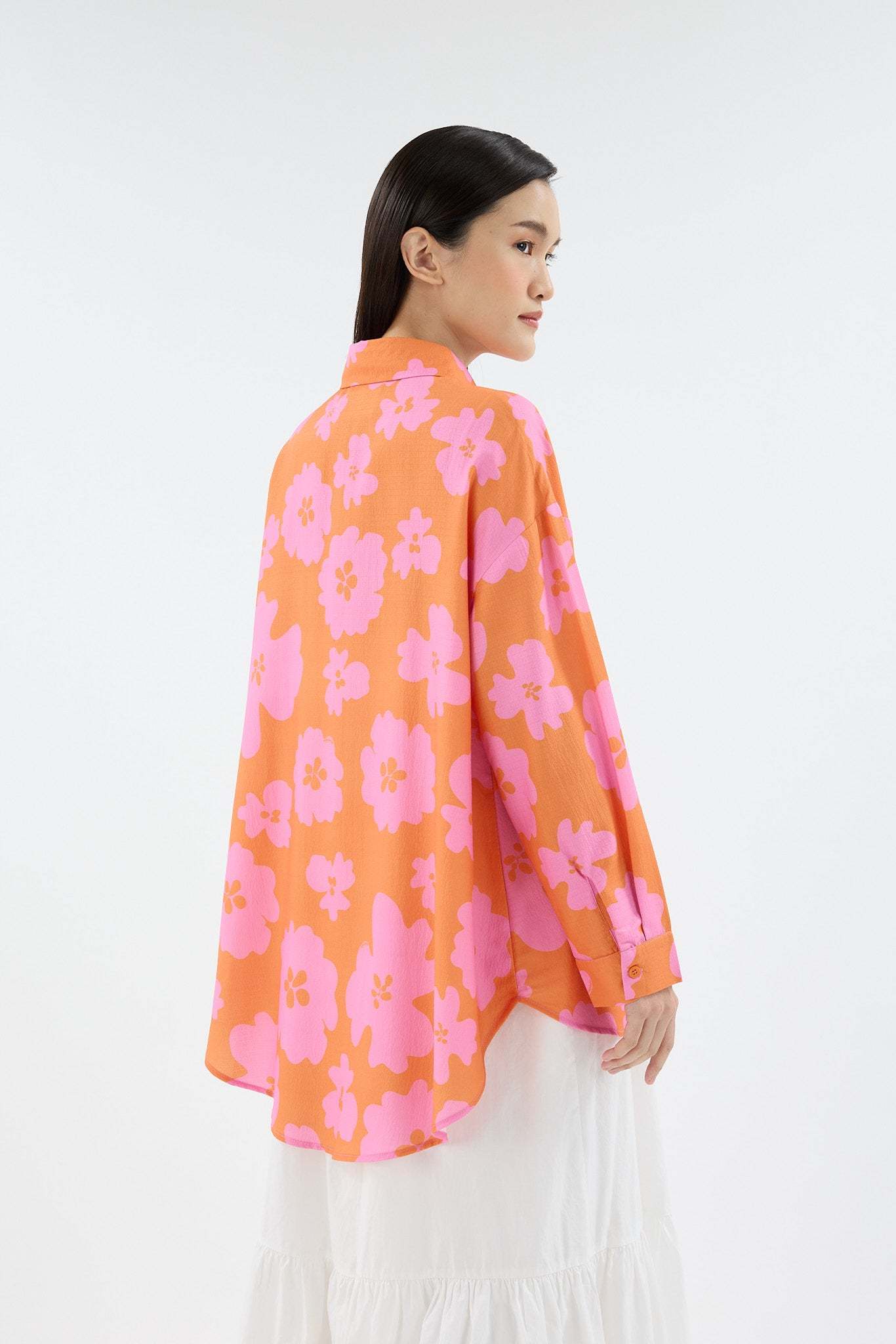 Fiora Orange Printed Oversized Shirt