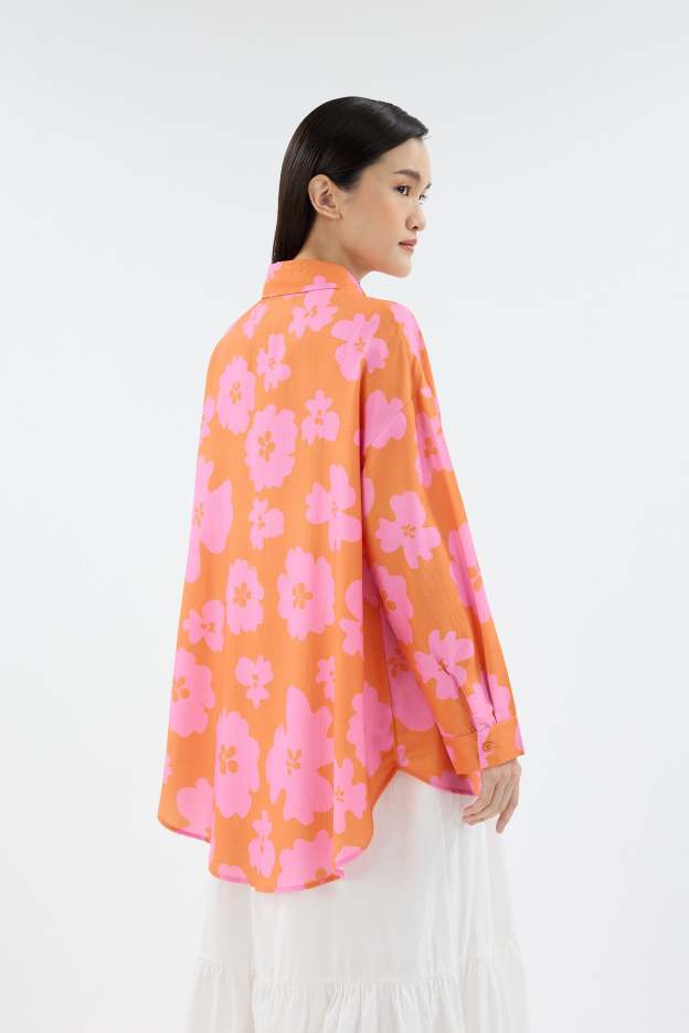 Fiora Orange Printed Oversized Shirt