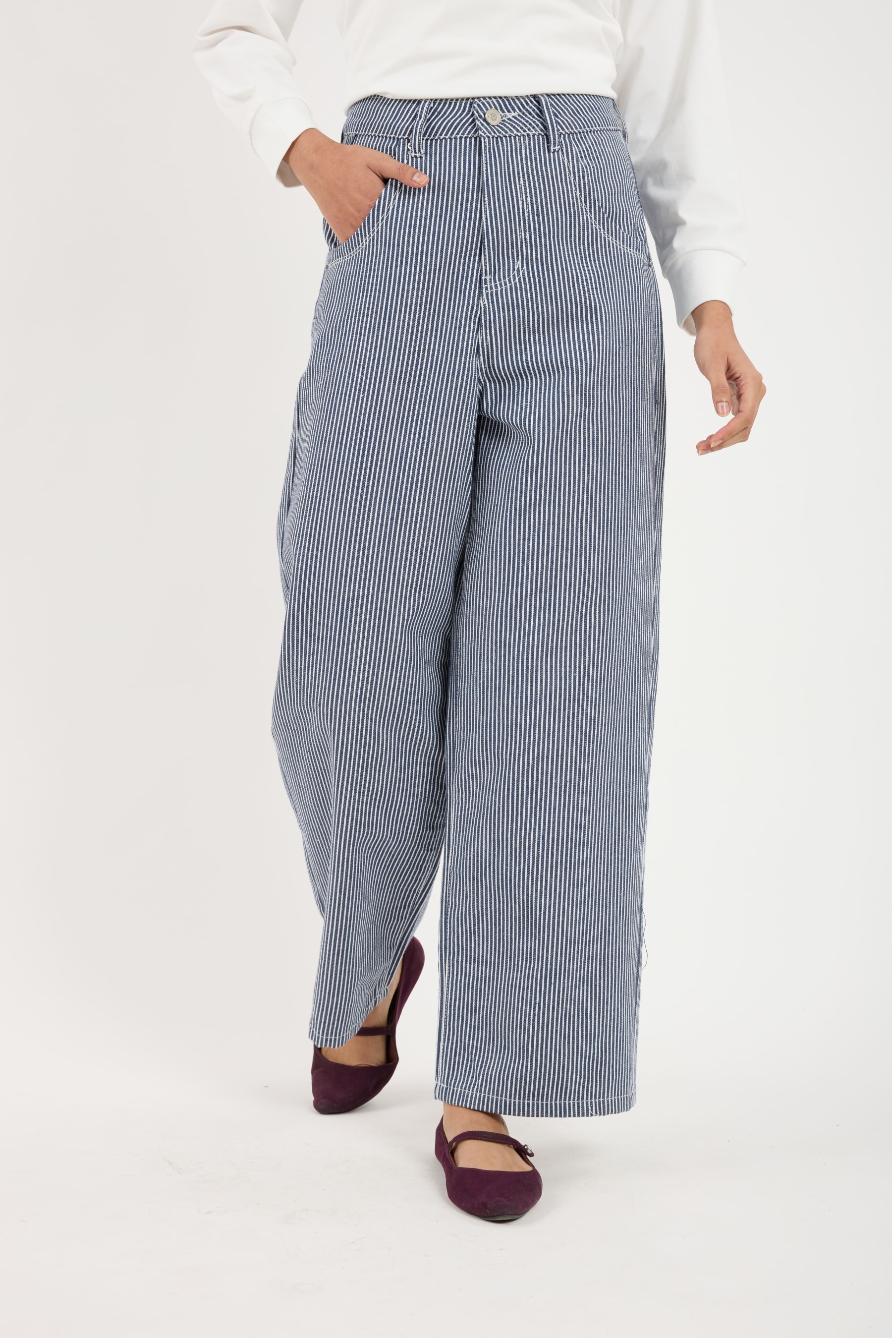 Lara Navy Stripes Wide Straight Jeans