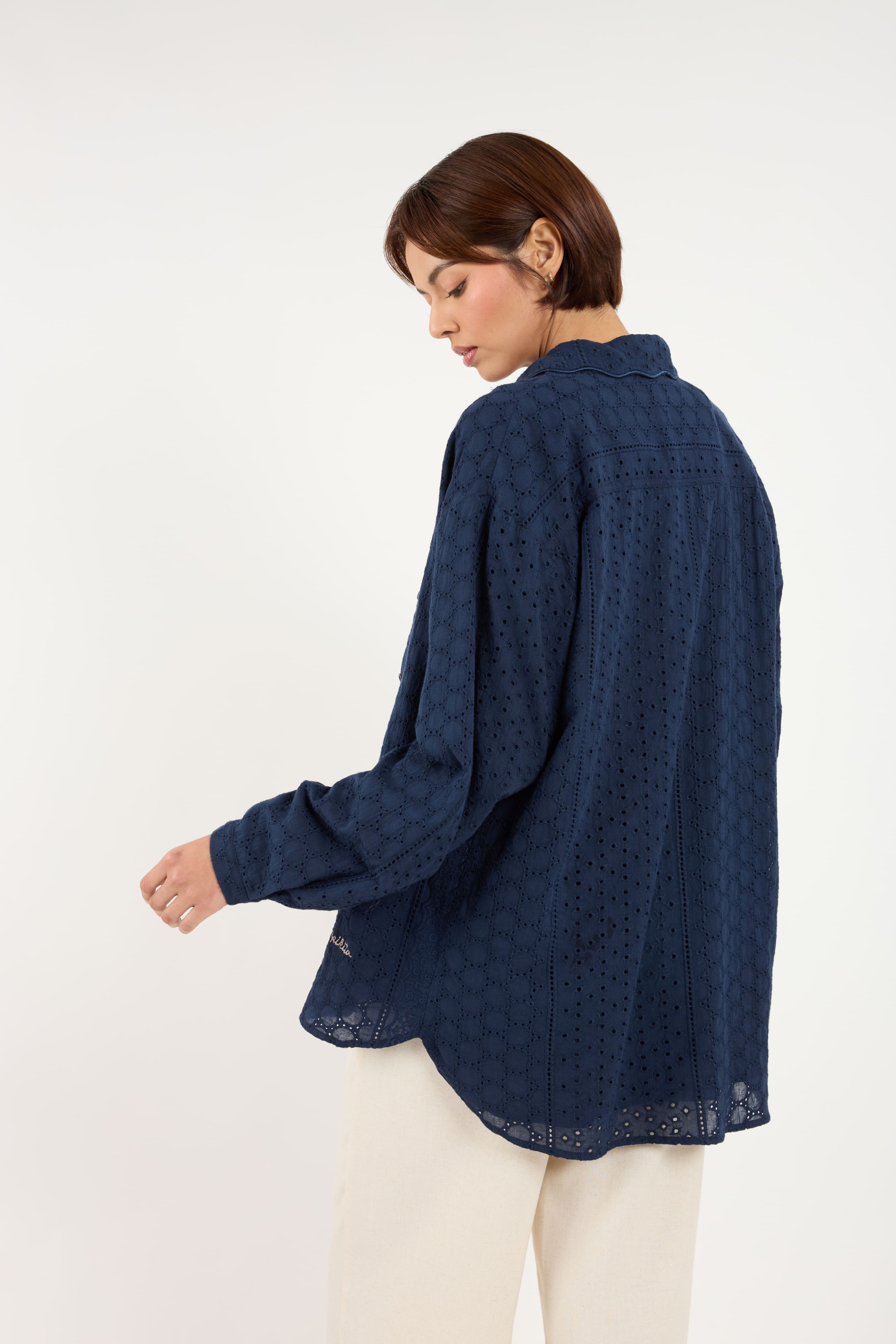 Tropika Navy Blue Textured Embroidered Shirt