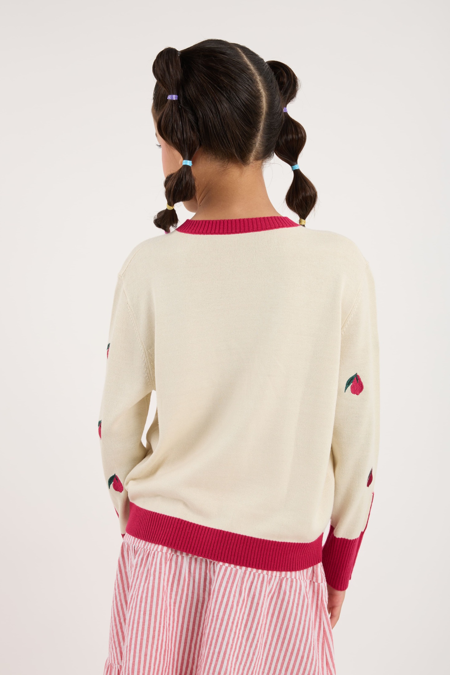 Cream White-Maroon Mini Crew Neck Knitted Cardigan - Girls