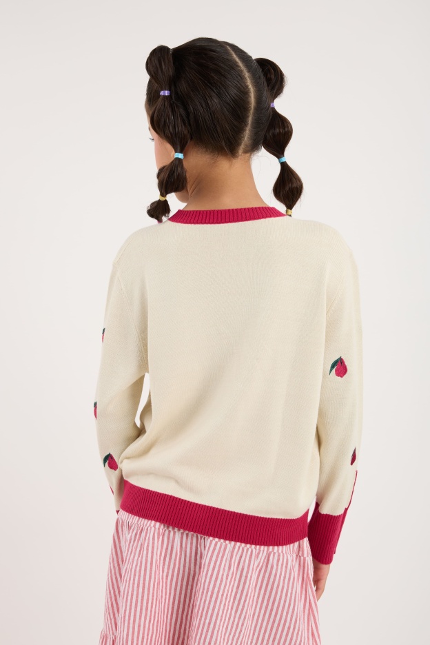 Cream White-Maroon Mini Crew Neck Knitted Cardigan - Girls