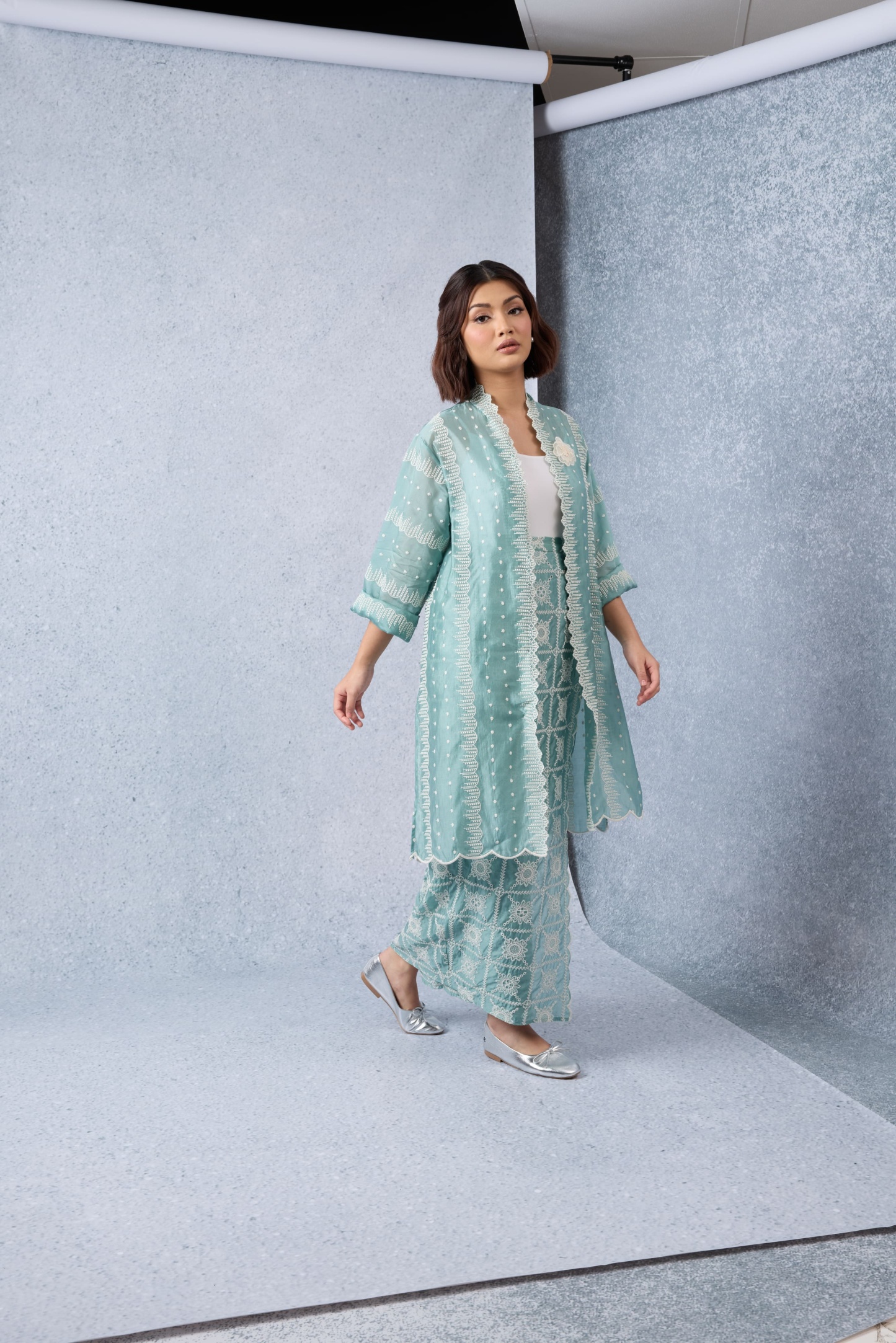 Sinar Teal Green Embroidered Kebaya Set