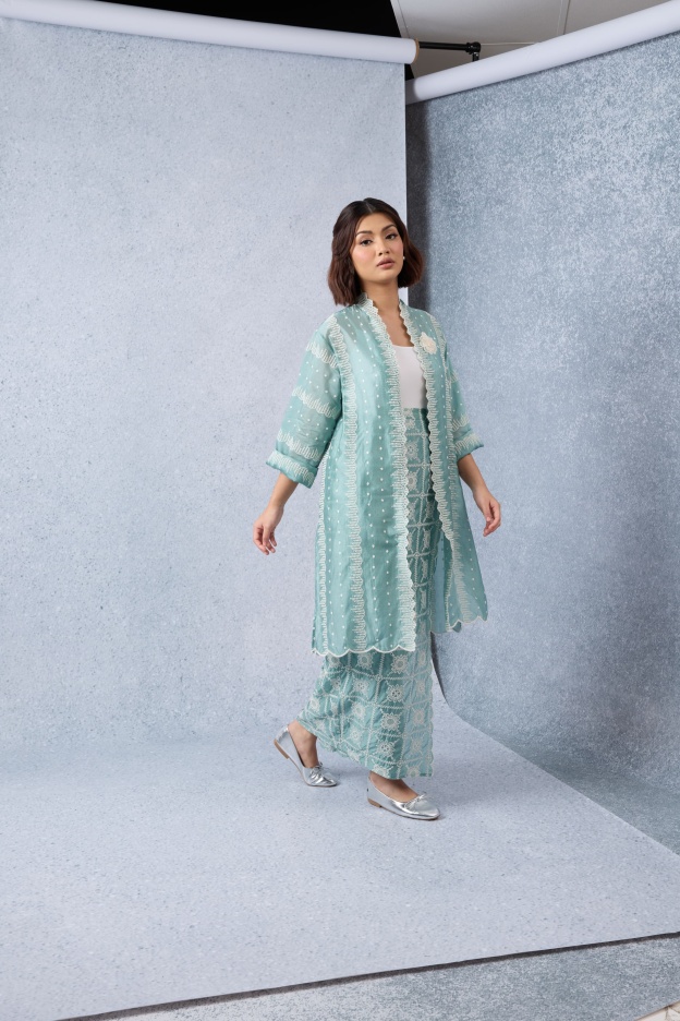 Sinar Teal Green Embroidered Kebaya Set
