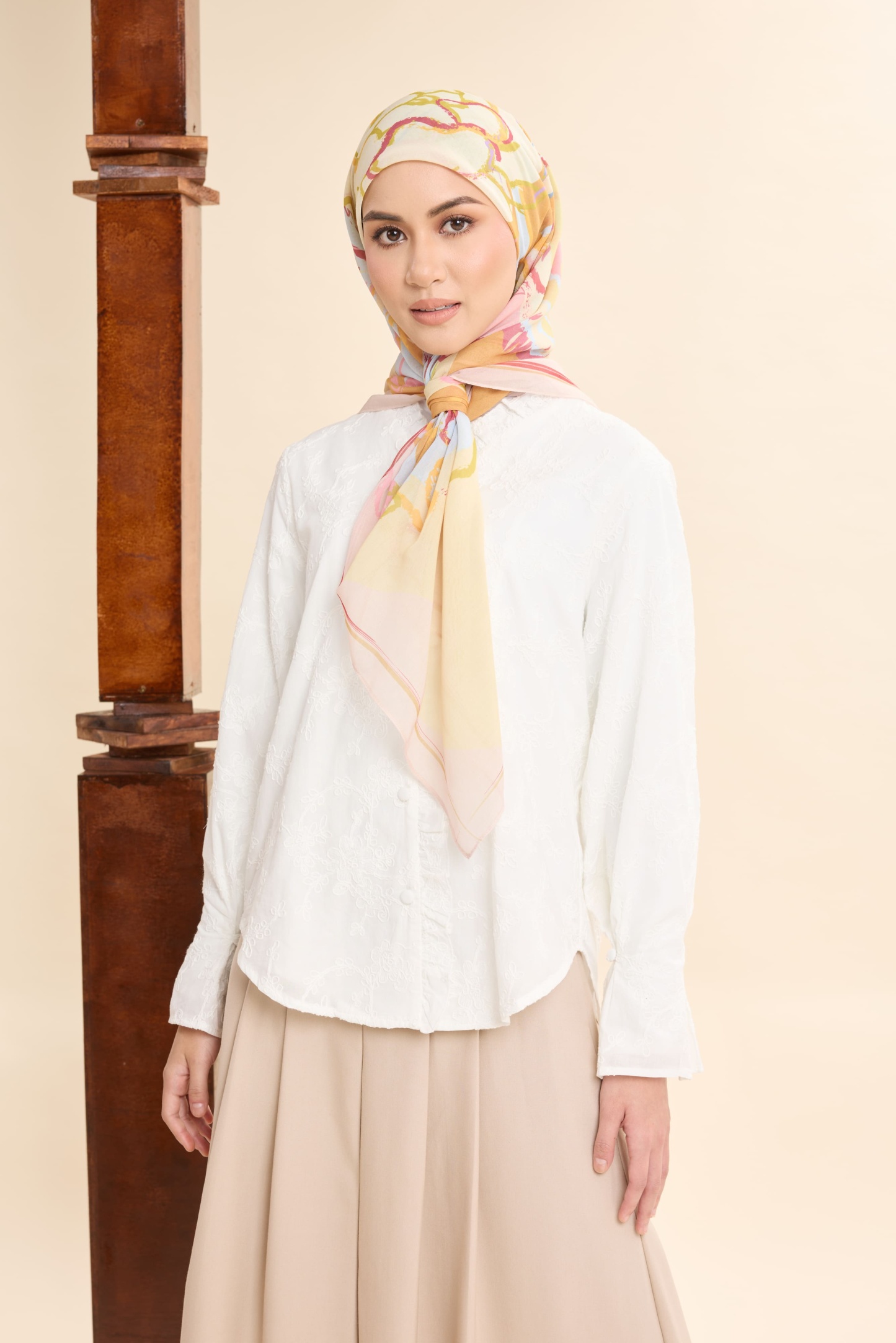 Thalia Lemon Yellow Abstract Square Voile Scarf