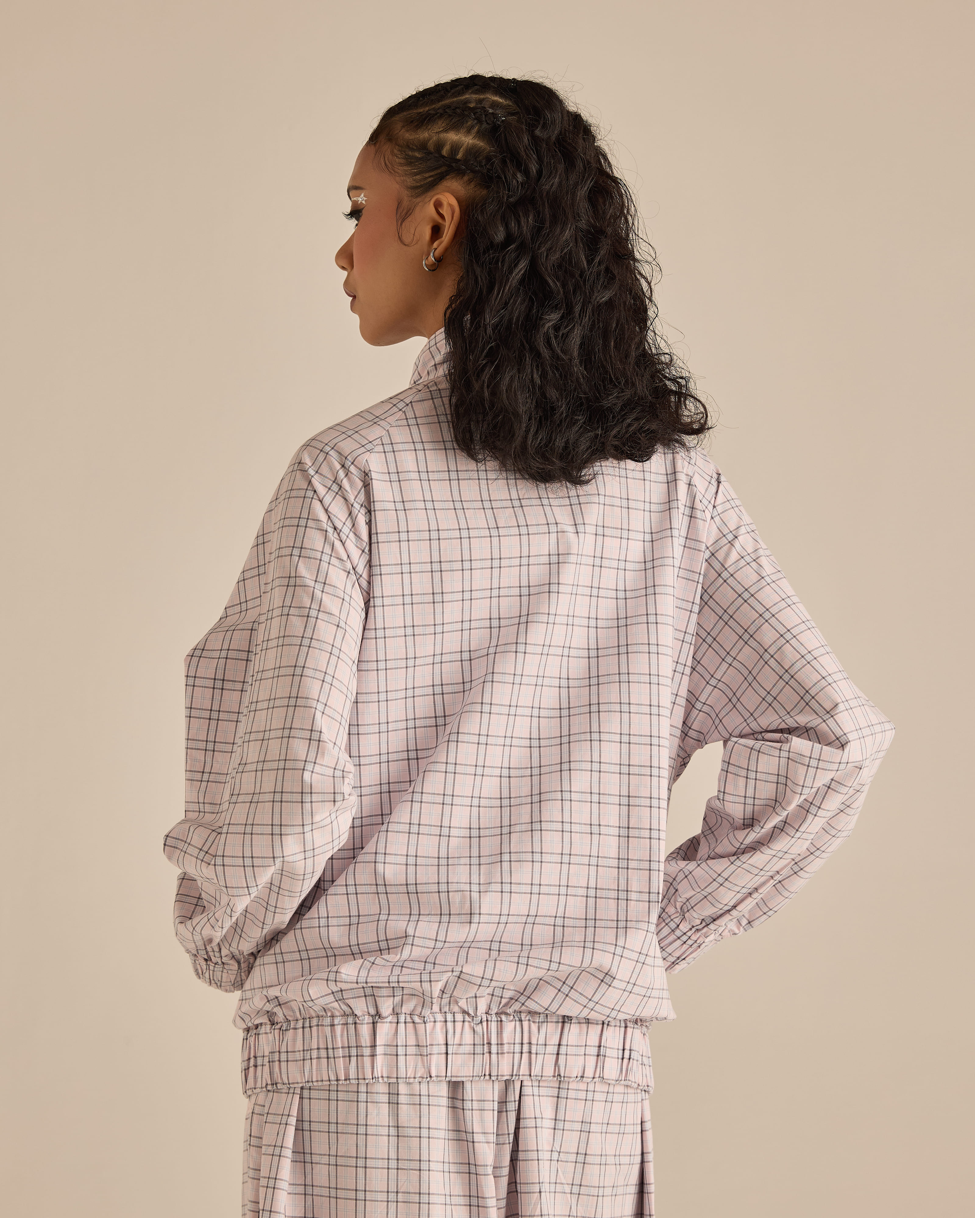 Soft Pink Plaid High-Neck Jacket