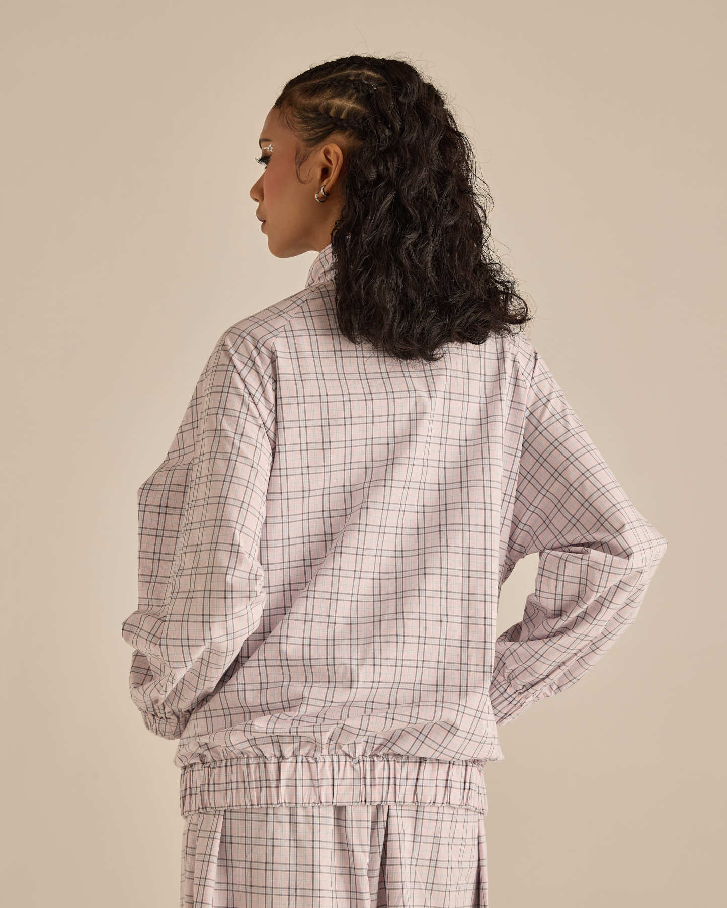 Soft Pink Plaid High-Neck Jacket