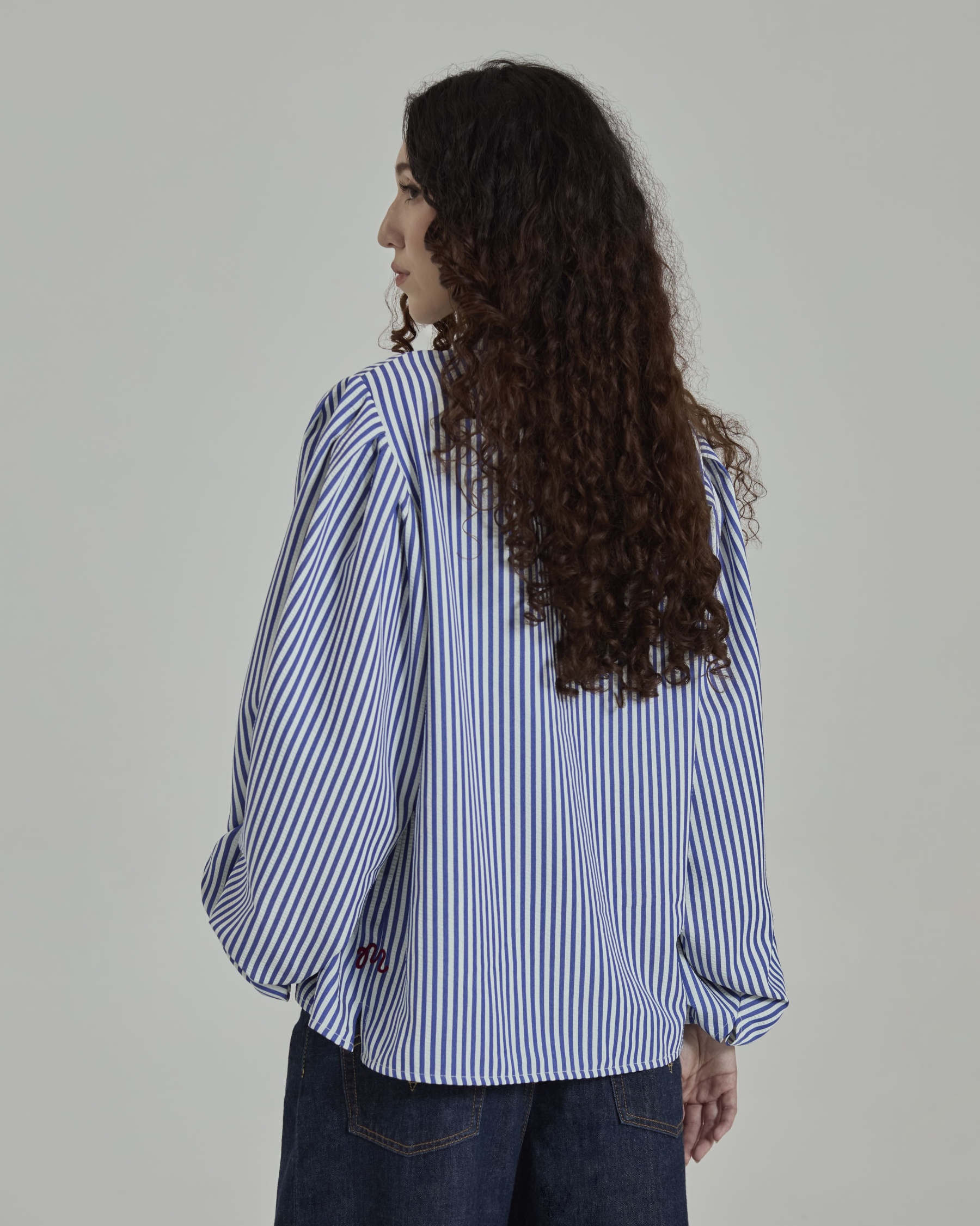 Emily Blue Striped Puff Sleeves Shirt