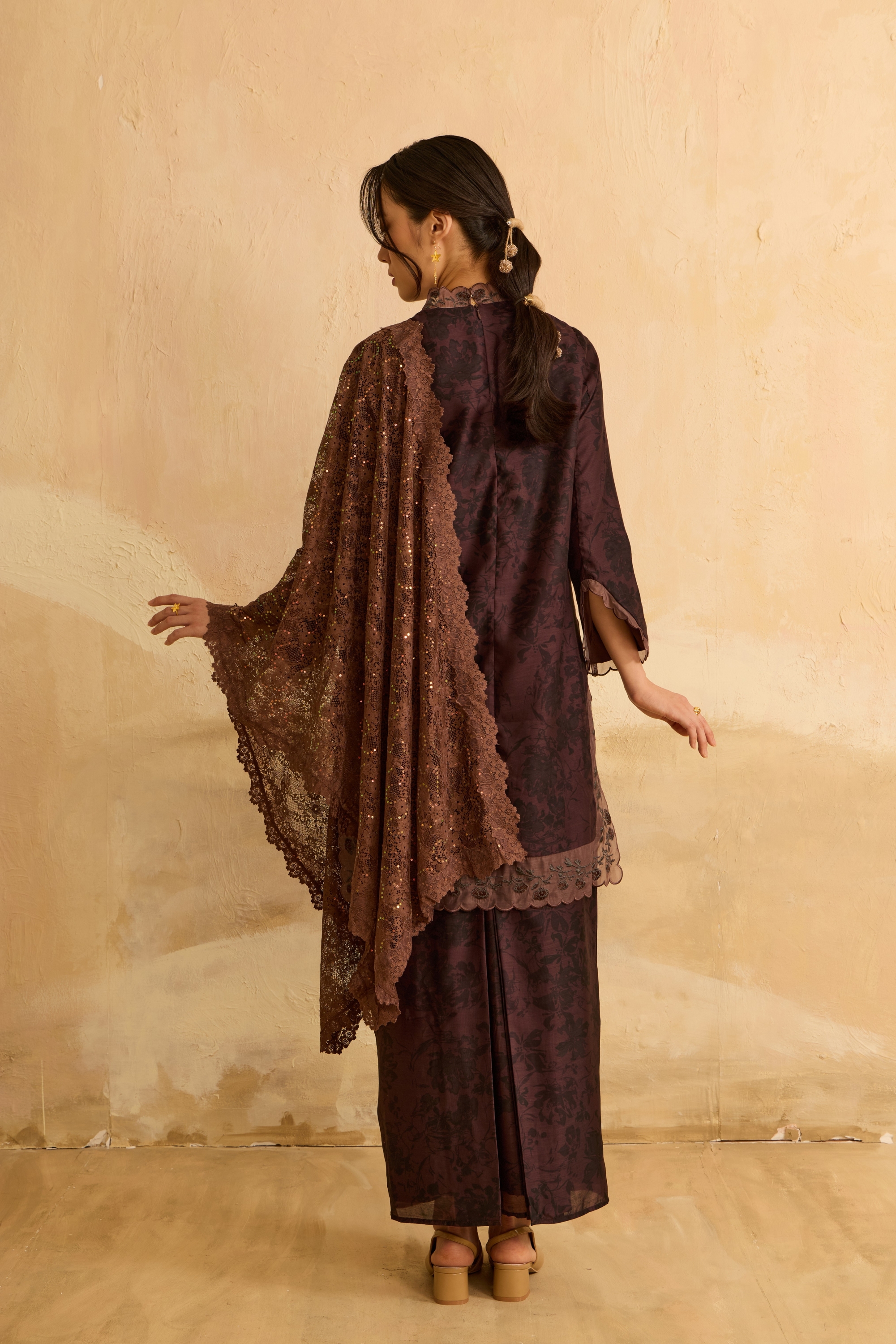 Mentari Rich Brown Printed Kurung Set