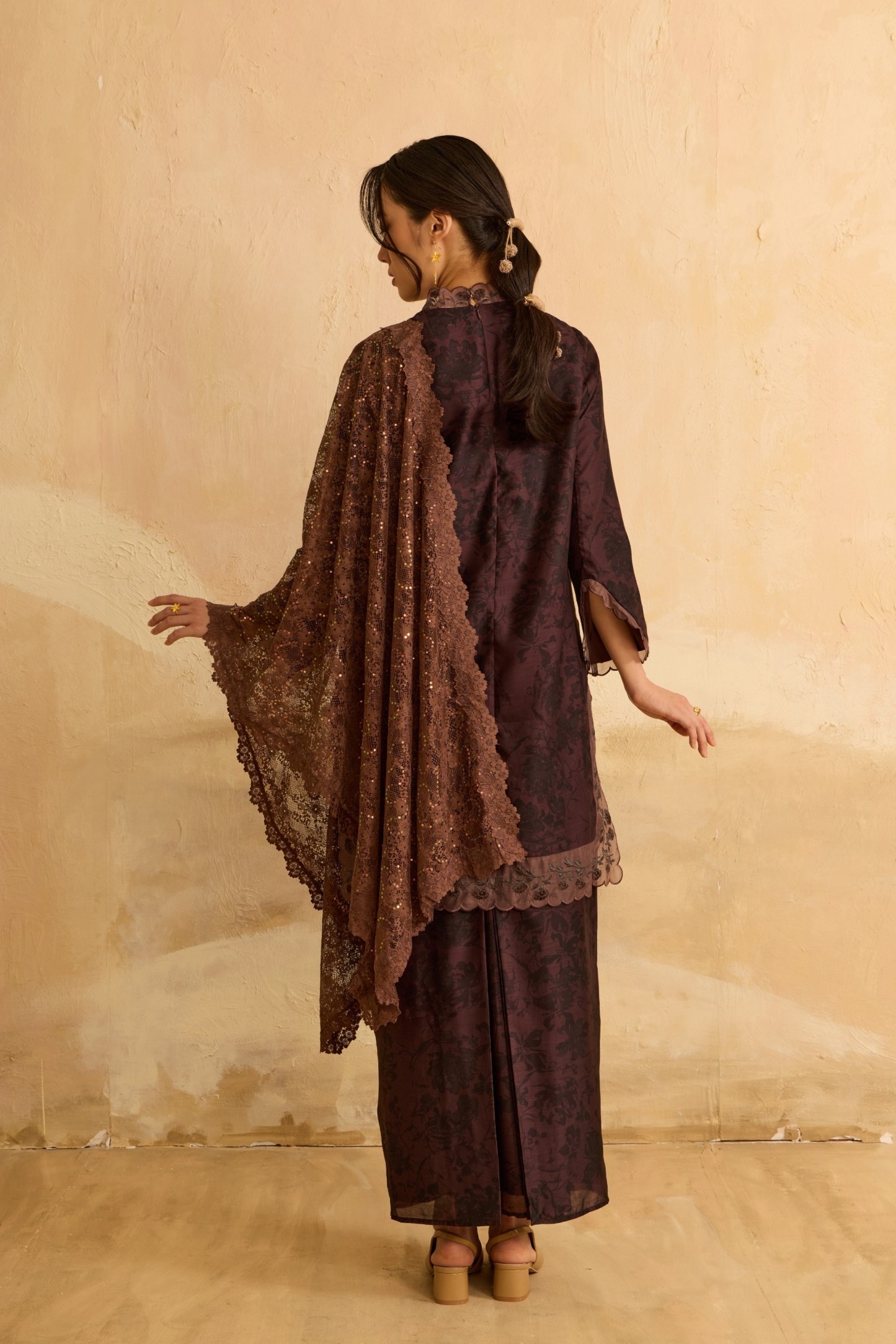 Mentari Rich Brown Printed Kurung Set