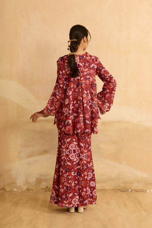 Raisa Brick Orange Abstract Draped Kurung