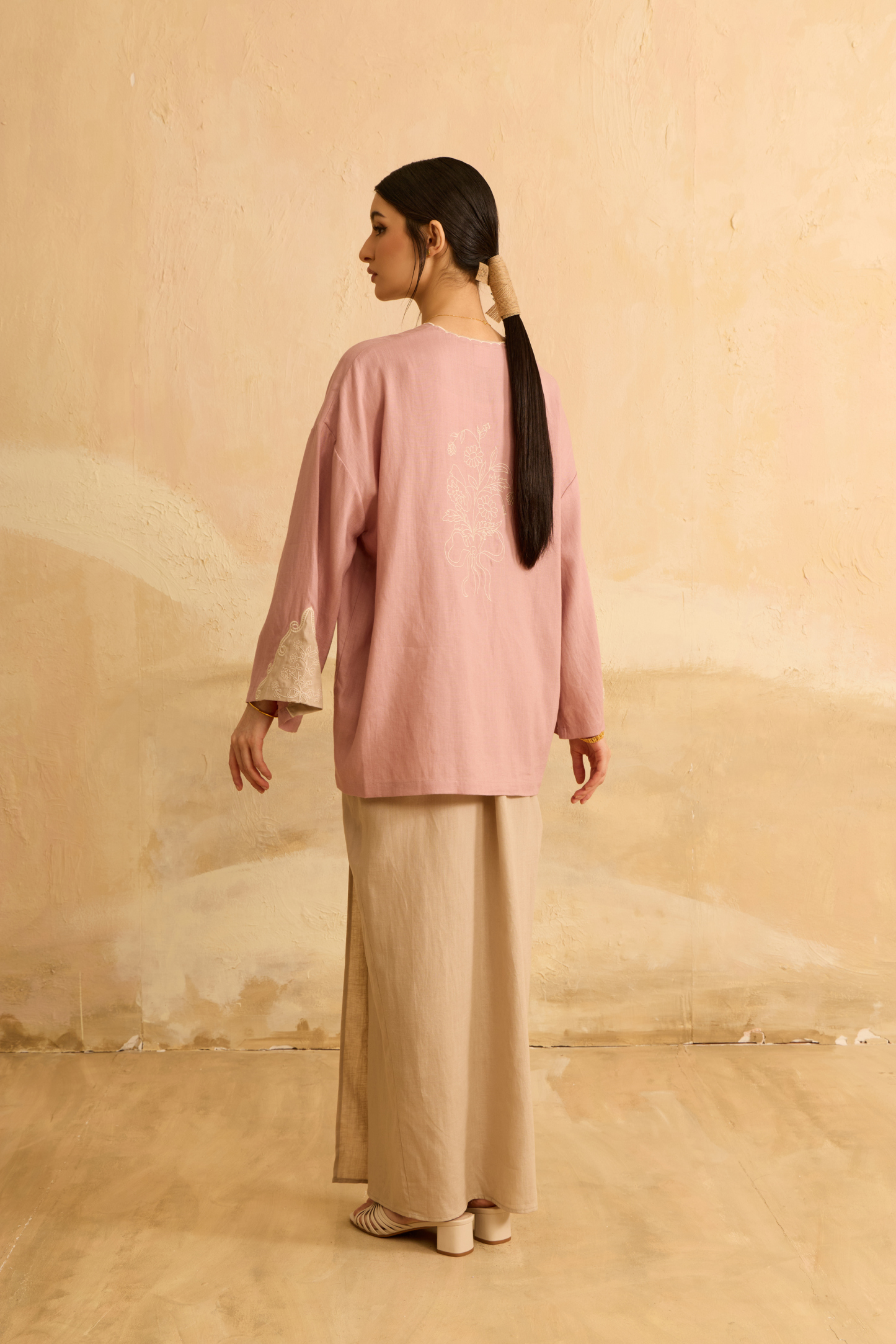 Naima Soft Pink Embroidered Kedah Modern Kurung