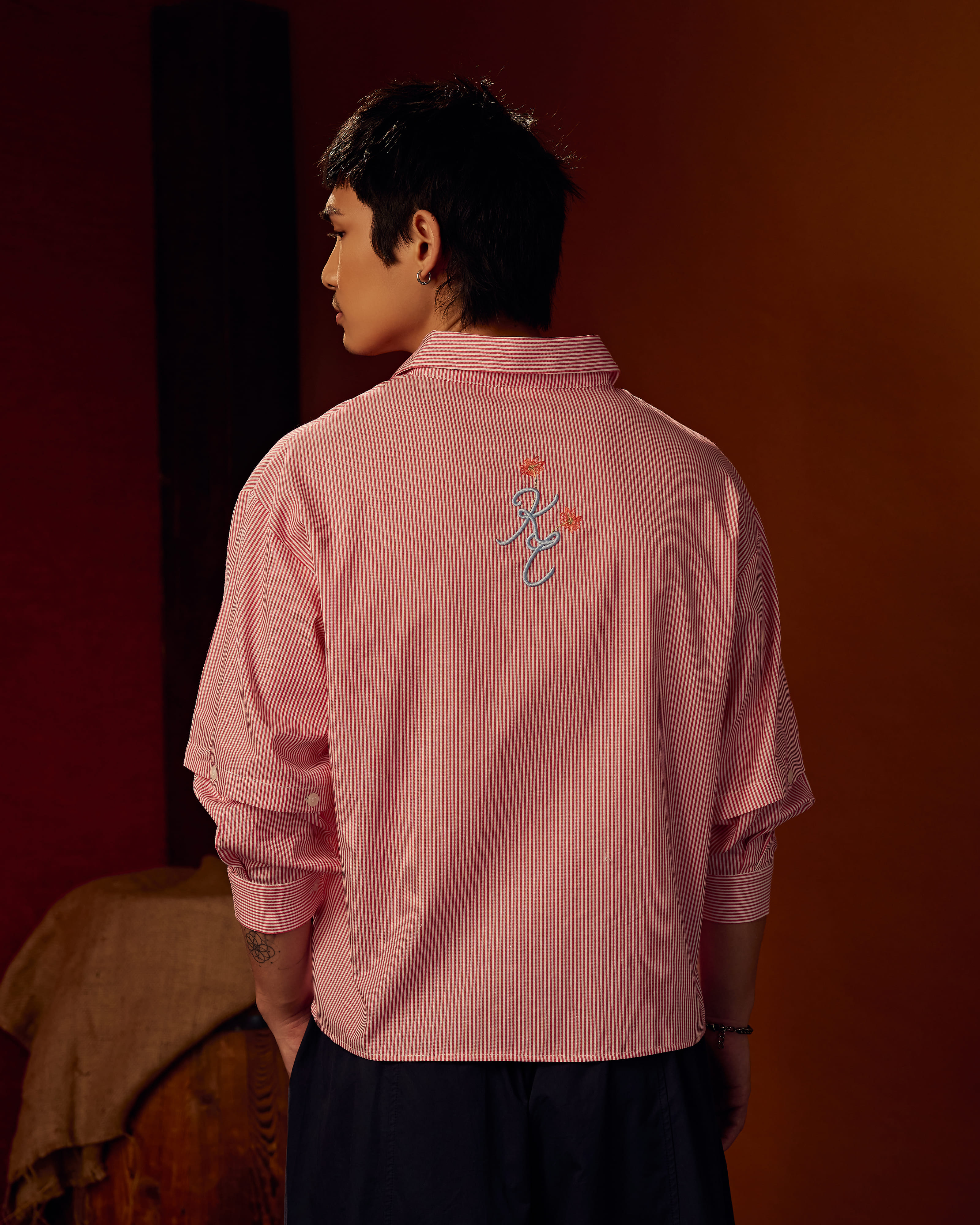 Boxy Detachable-Sleeves Striped Shirt