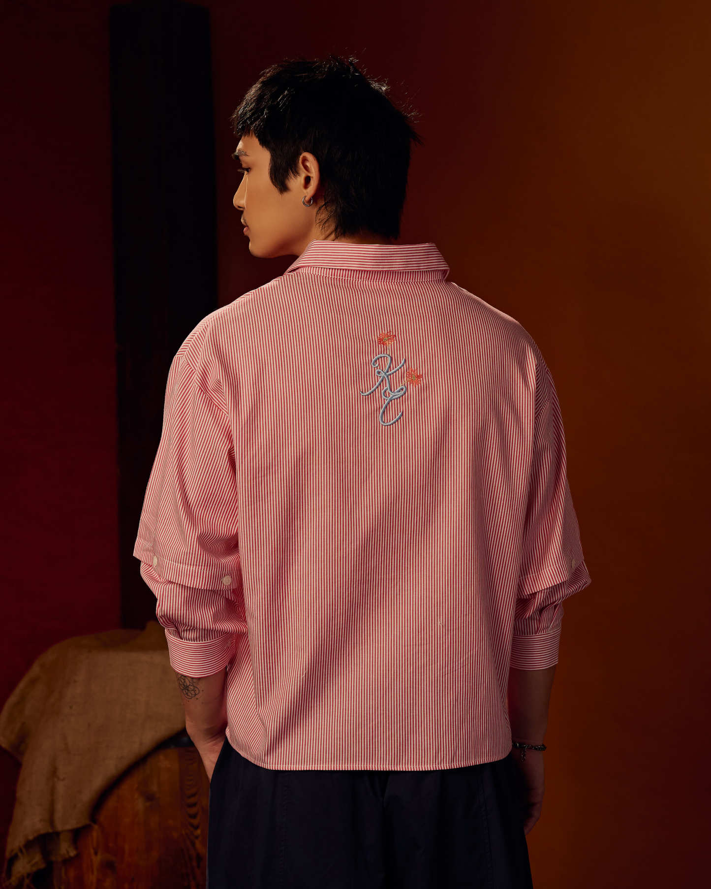 Boxy Detachable-Sleeves Striped Shirt