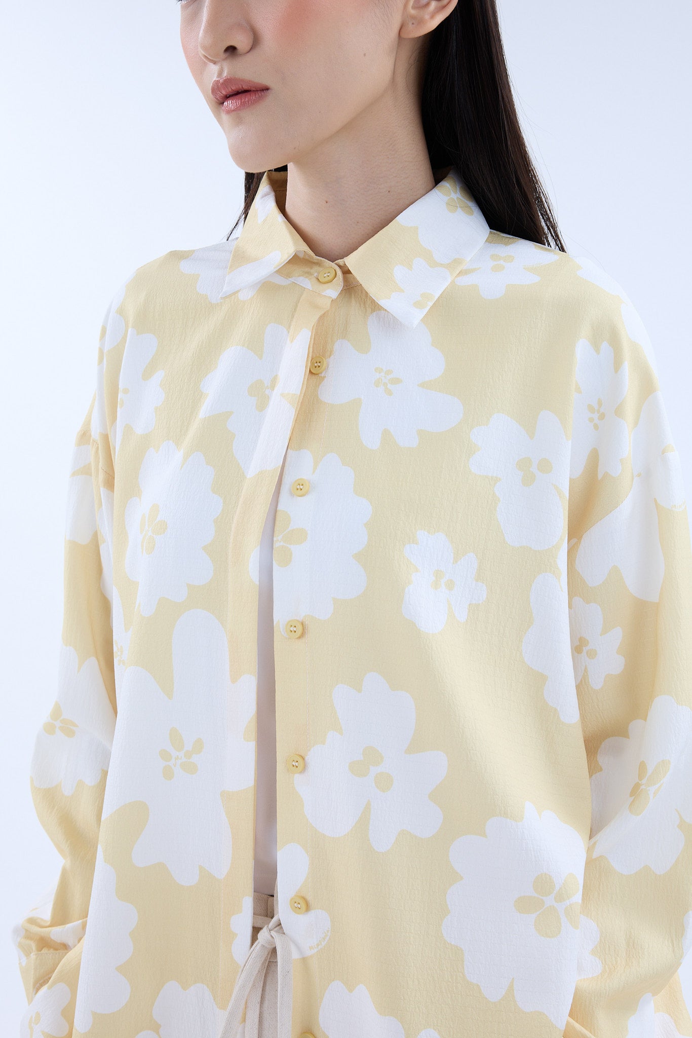 Fiora Butter Yellow Printed Oversized Shirt