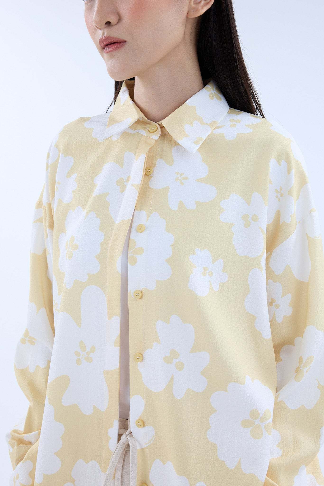 Fiora Butter Yellow Printed Oversized Shirt